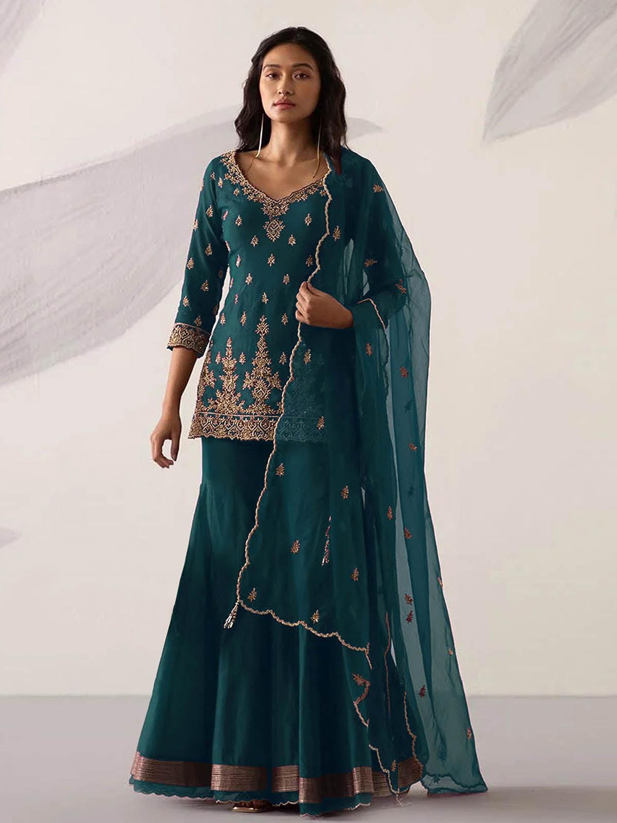 Women's Green Embroidered Sharara Kurta Set - Odette