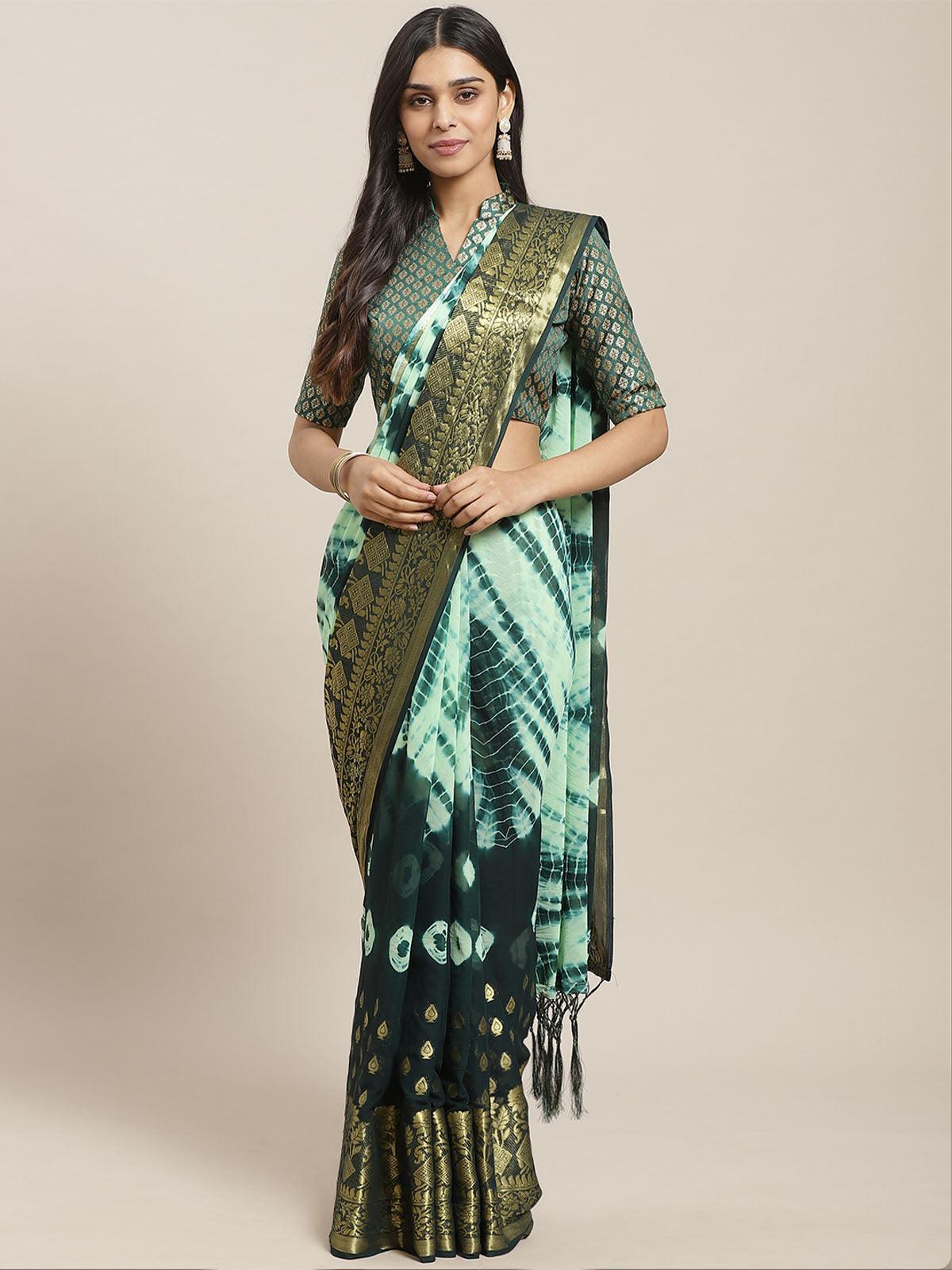 Women's Green Festive Georgette Woven Saree With Unstitched Blouse - Odette