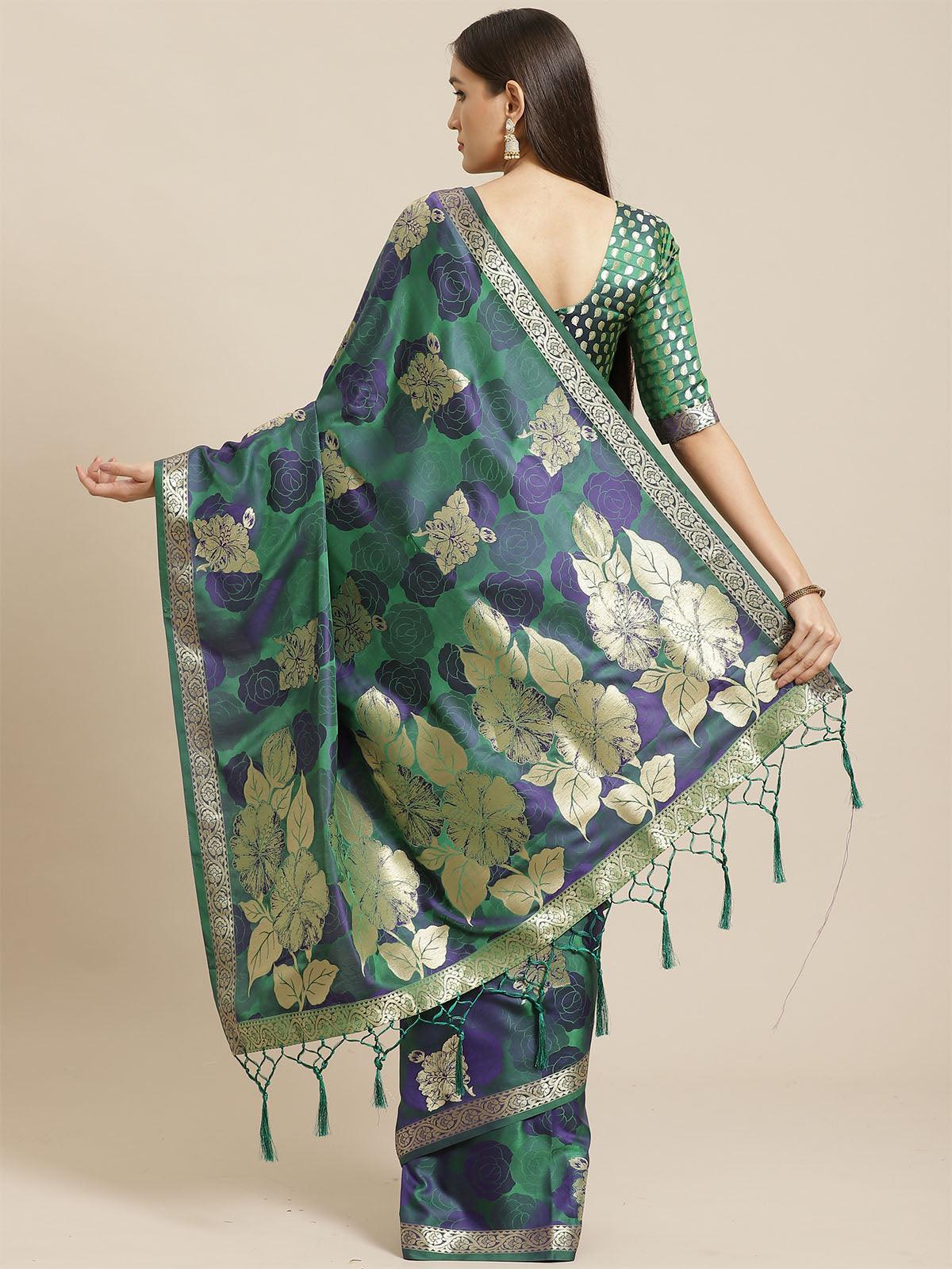 Women's Green Festive Pure Satin Woven Saree With Unstitched Blouse - Odette