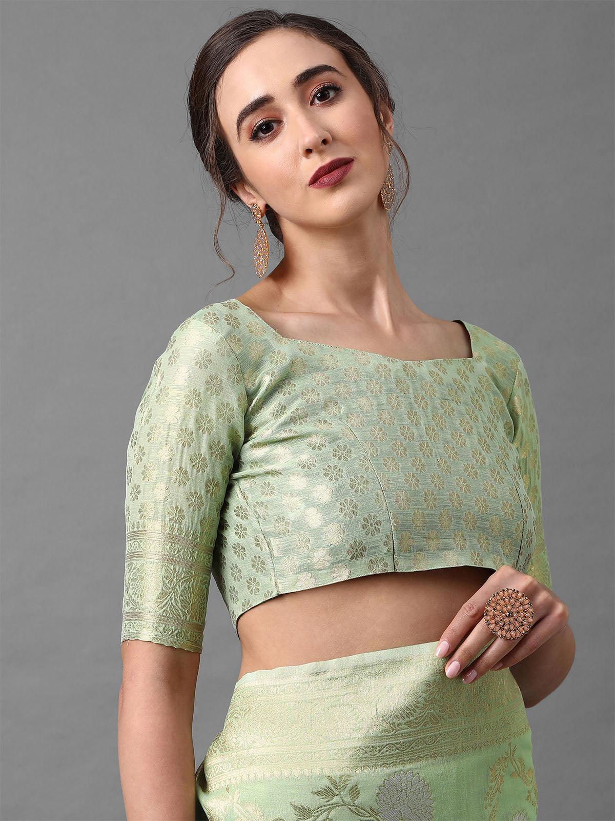 Women's Green Festive Silk Blend Banarsi Saree With Unstitched Blouse - Odette