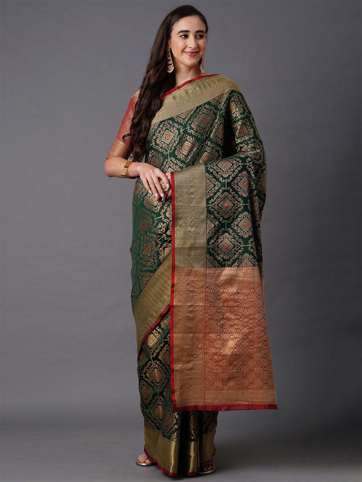Women's Green Festive Silk Blend Geometric Saree With Unstitched Blouse - Odette
