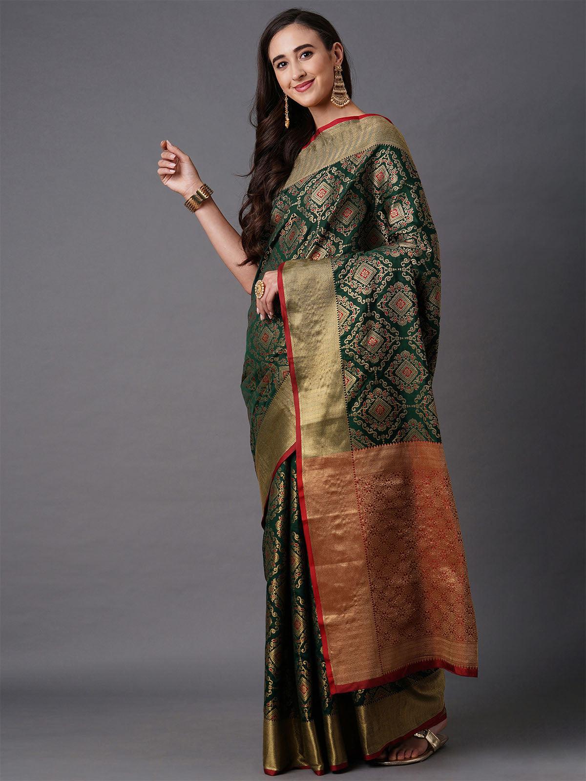 Women's Green Festive Silk Blend Geometric Saree With Unstitched Blouse - Odette