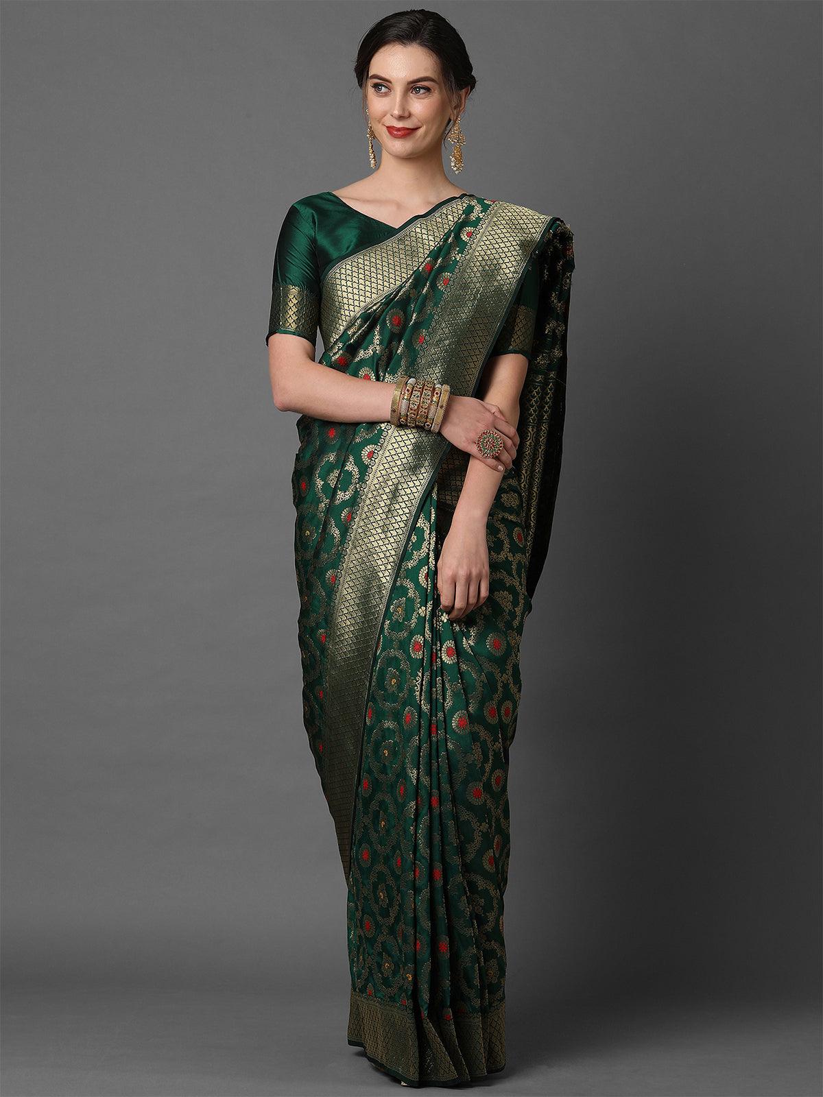 Women's Green Festive Silk Blend Woven Design Saree With Unstitched Blouse - Odette