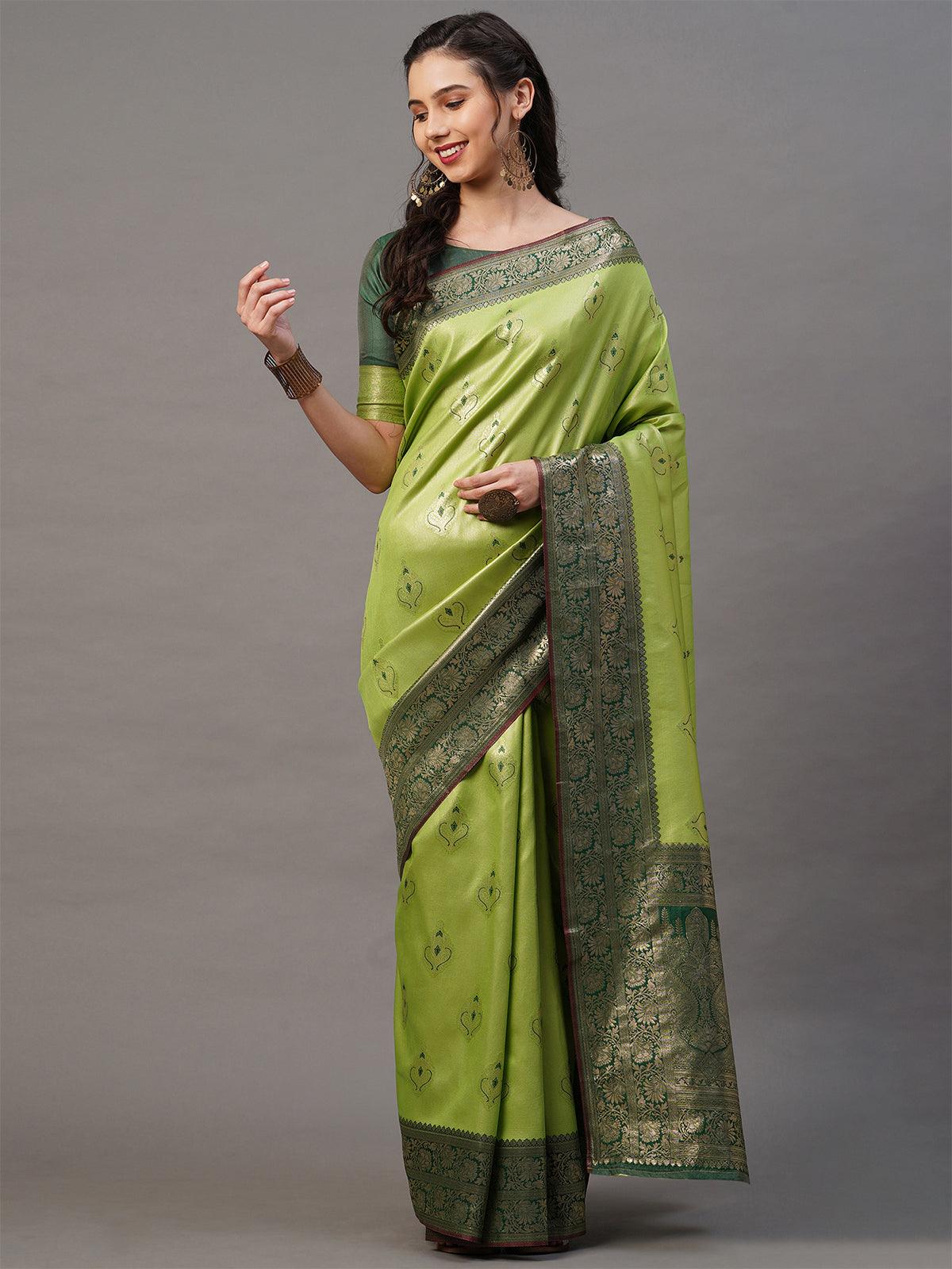 Women's Green Festive Silk Blend Woven Design Saree With Unstitched Blouse - Odette