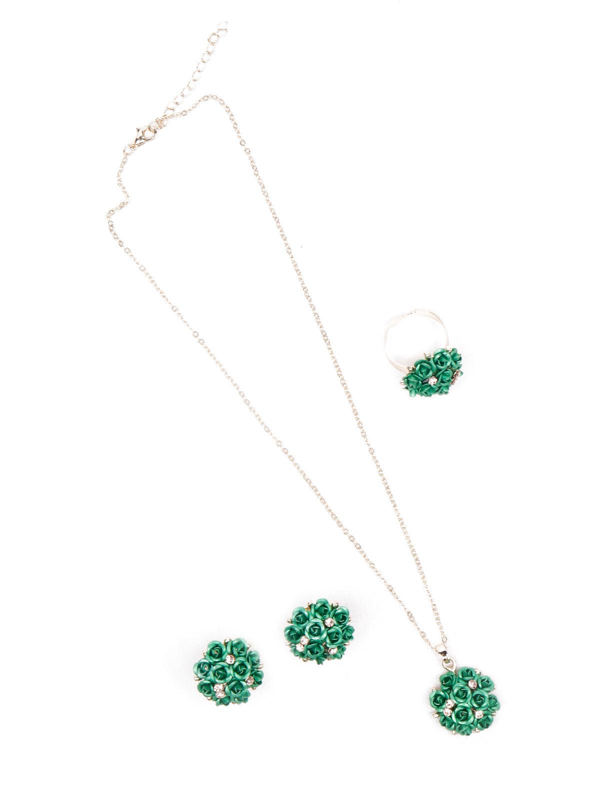 Women's Green Floral Pendant Necklace Set - Odette