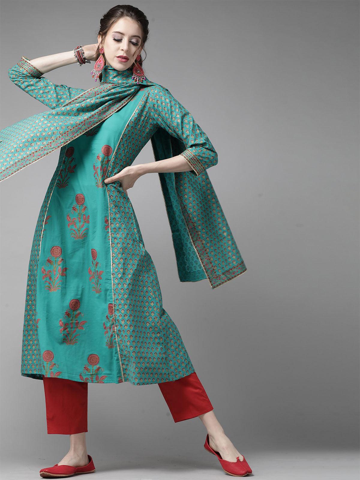 Women's Green Floral Printed A-Line Kurta Trouser With Dupatta Set - Odette