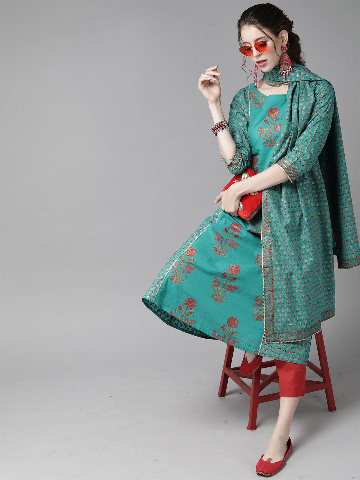 Women's Green Floral Printed A-Line Kurta Trouser With Dupatta Set - Odette