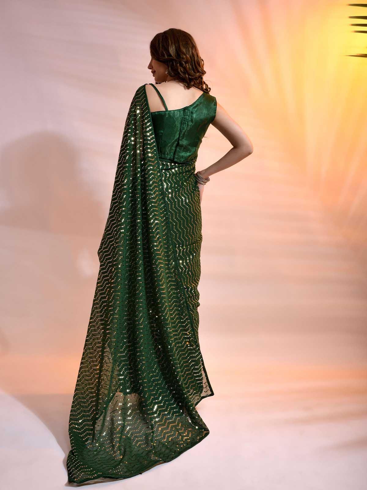 Women's Green Georgette Sequence Saree With Blouse - Odette