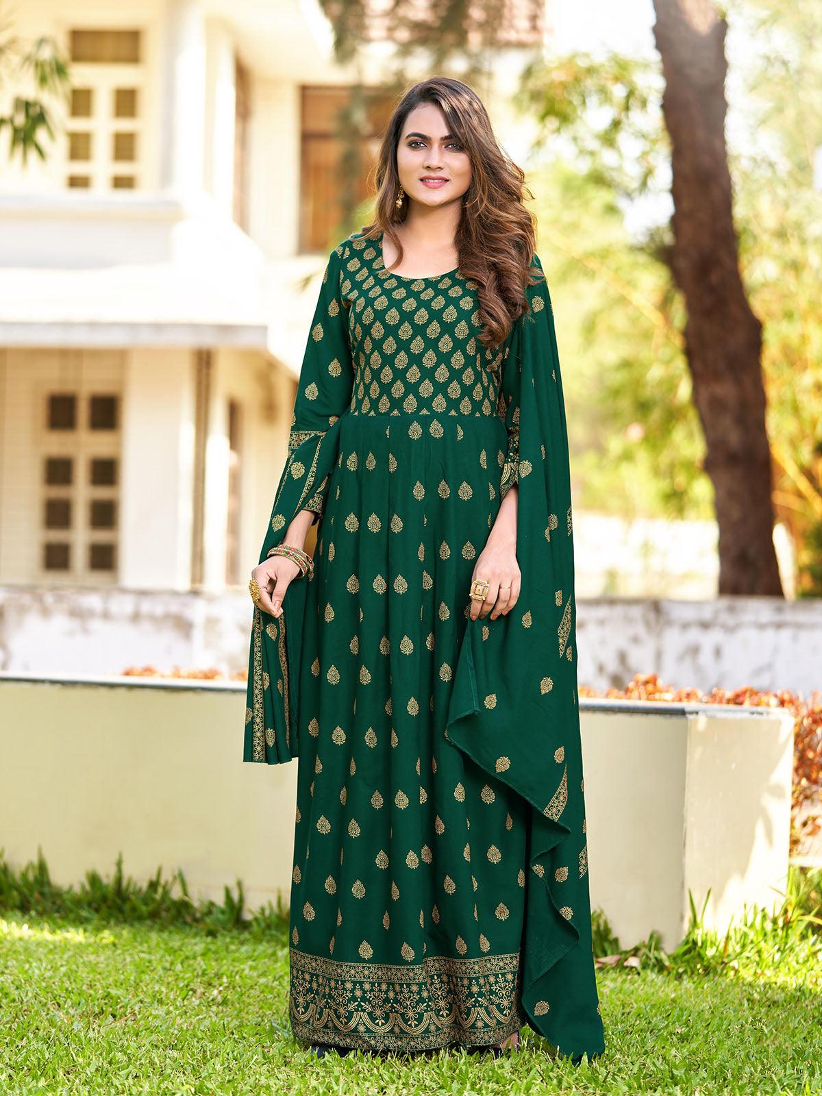 Women's Green Gorgeous Long Gown With Dupatta - Odette