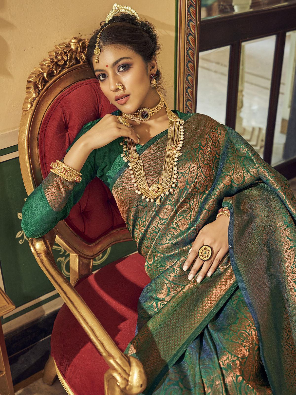 Women's Green Heavy Handloom Silk Saree - Odette