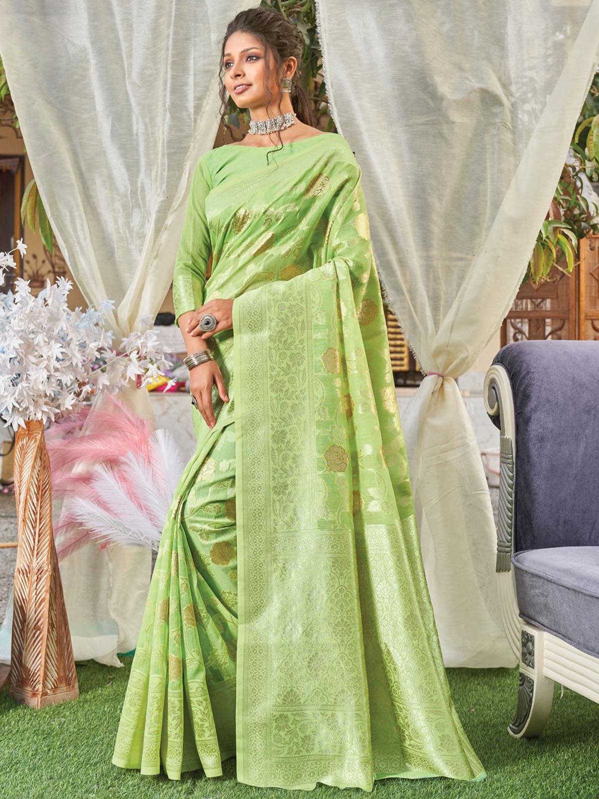 Women's Green Heavy Woven Designer Linen Saree - Odette