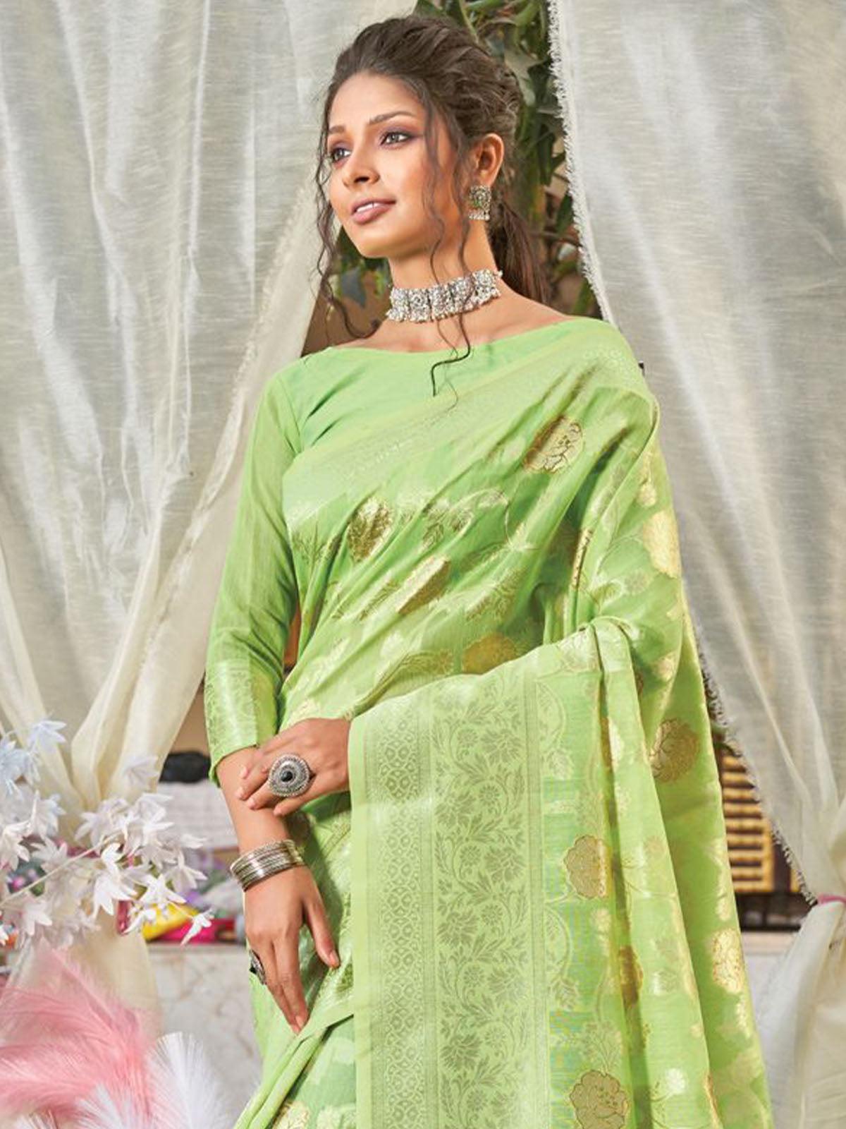 Women's Green Heavy Woven Designer Linen Saree - Odette