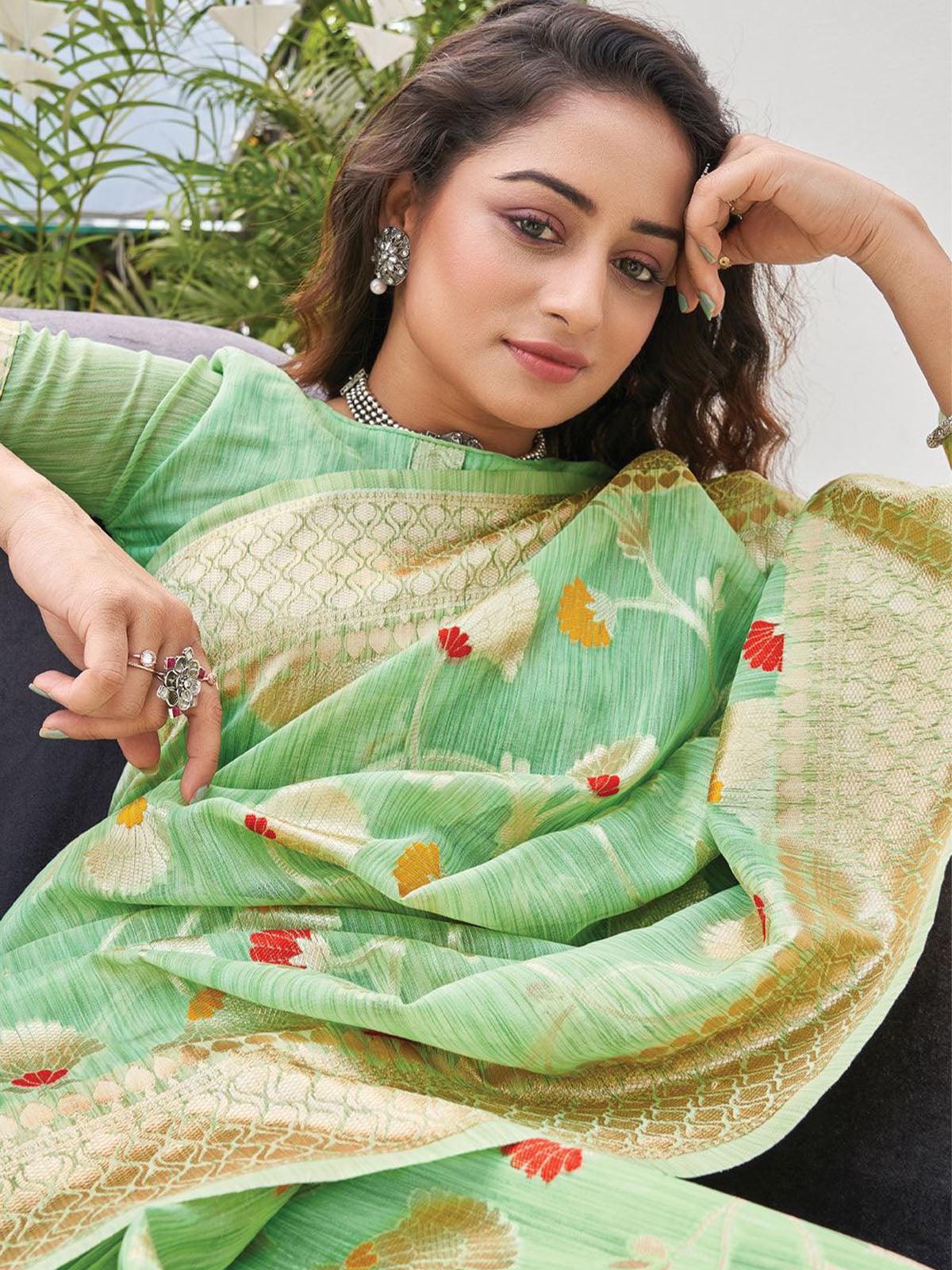 Women's Green Heavy Woven Linen Saree - Odette
