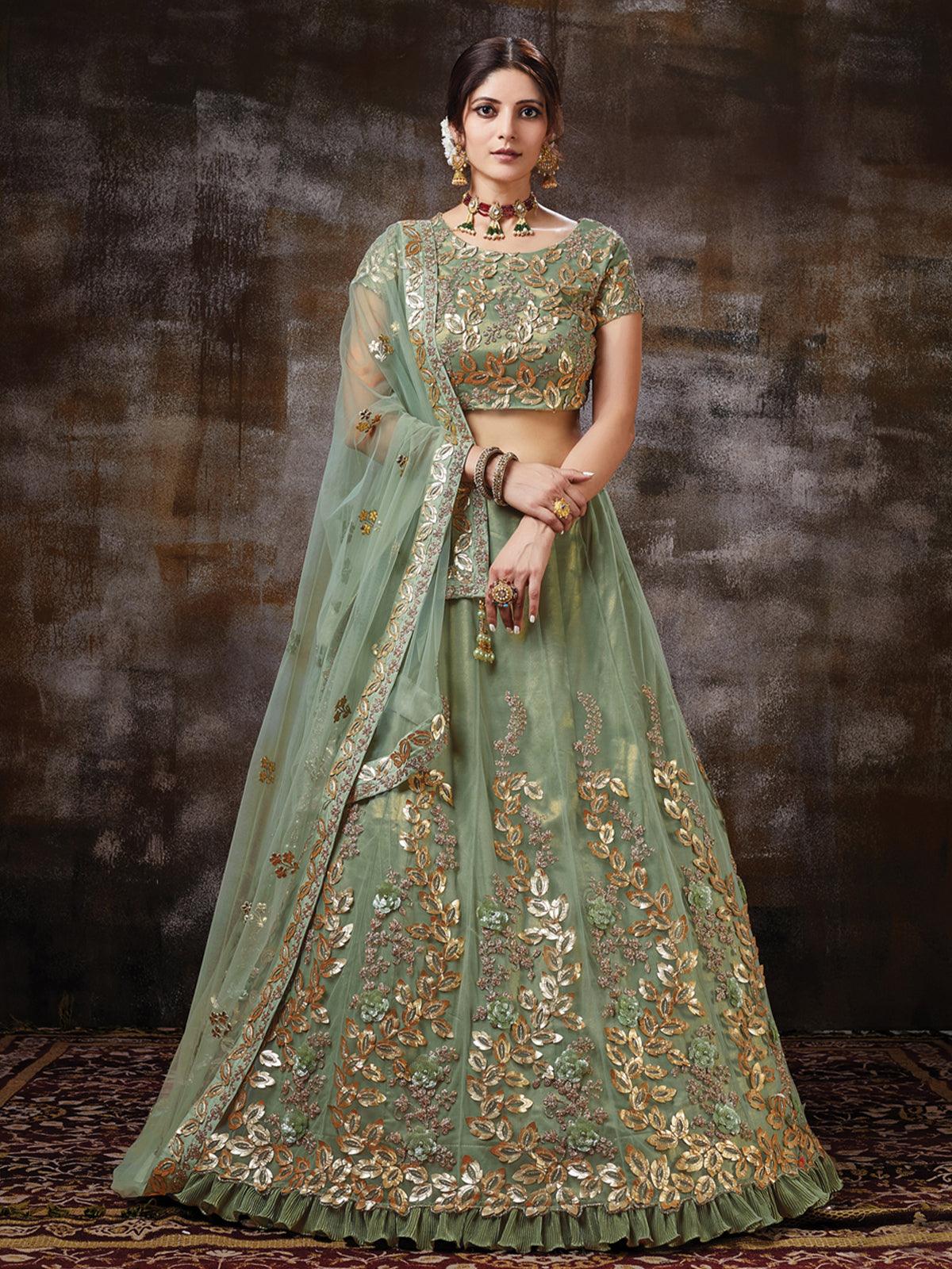 Women's Green Net Satin Silk Designer Lehenga Choli - Odette