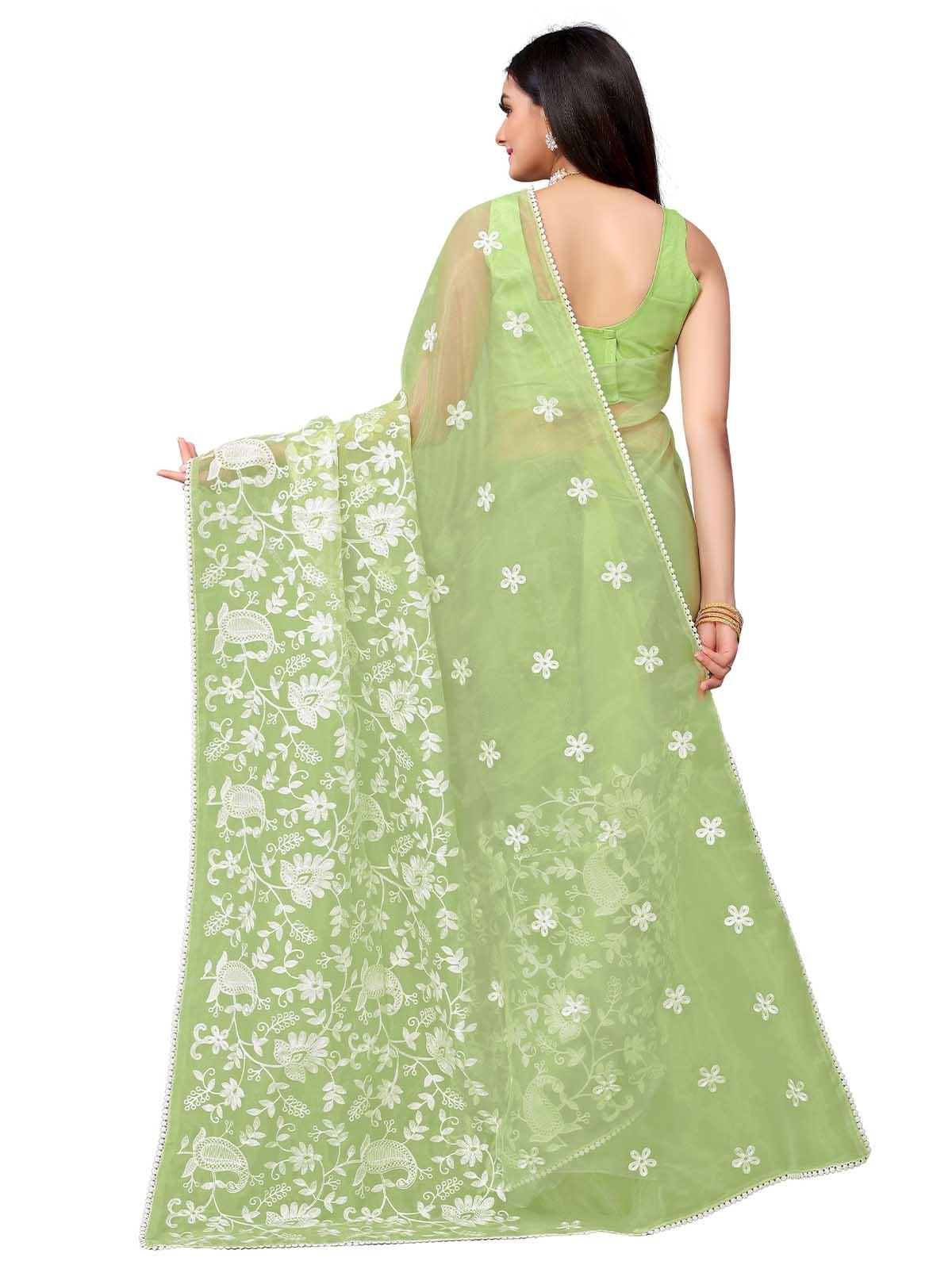 Women's Green Organza Embroidered Saree With Blouse - Odette