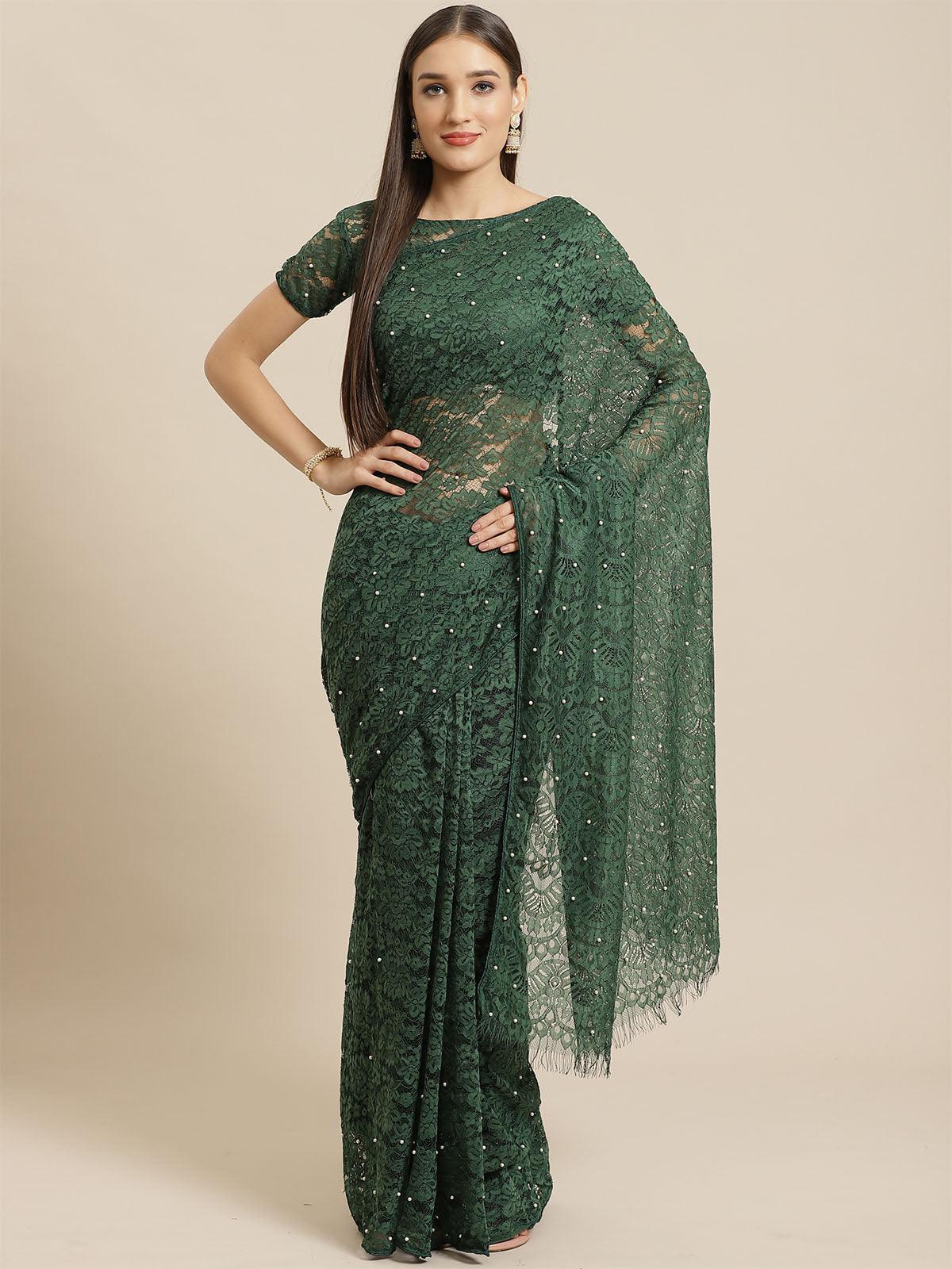 Women's Green Party Wear Net(Super Net) Solid Saree With Unstitched Blouse - Odette