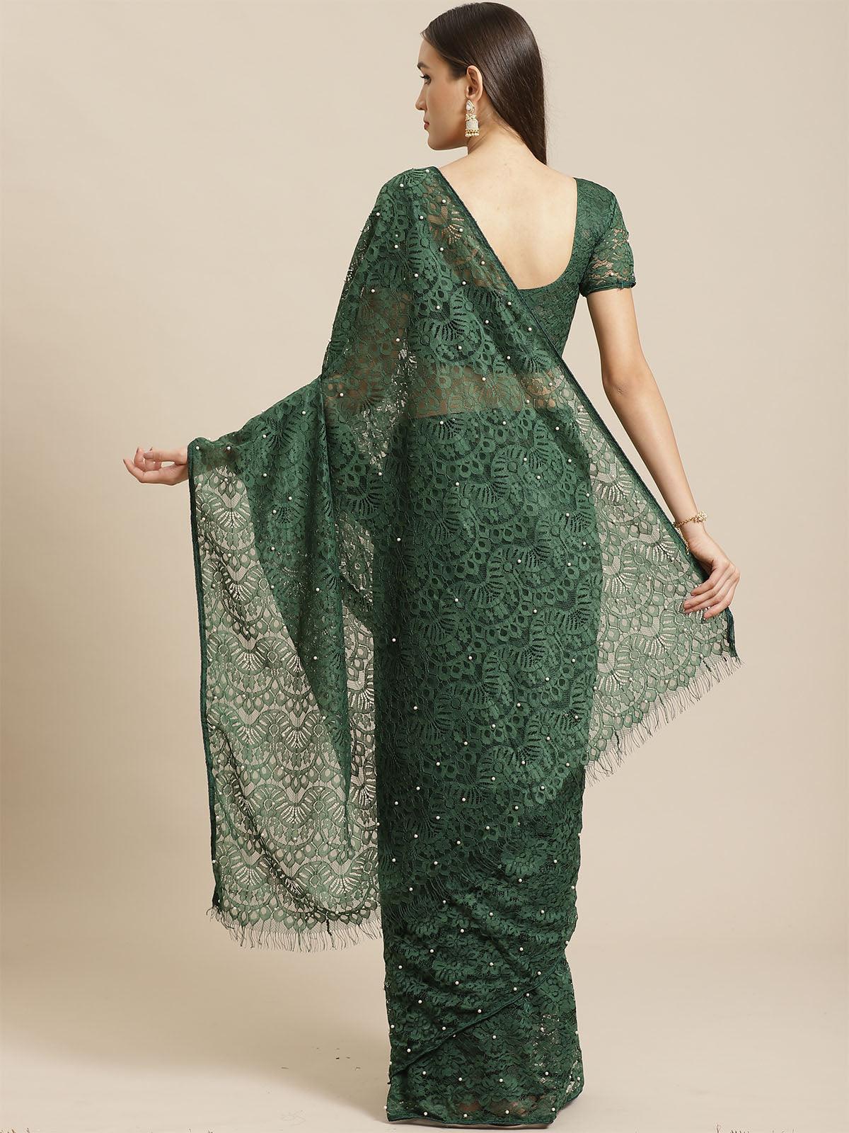 Women's Green Party Wear Net(Super Net) Solid Saree With Unstitched Blouse - Odette