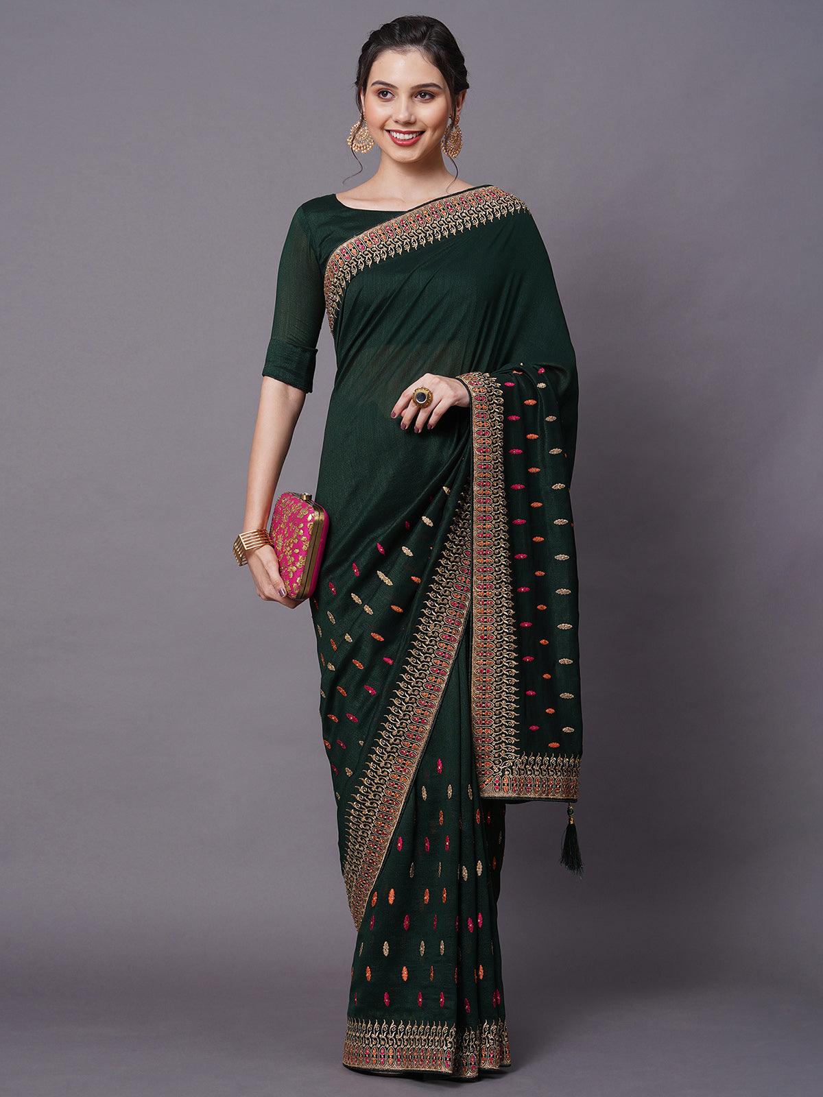 Women's Green Party Wear Vichitra Embelished Saree With Unstitched Blouse - Odette