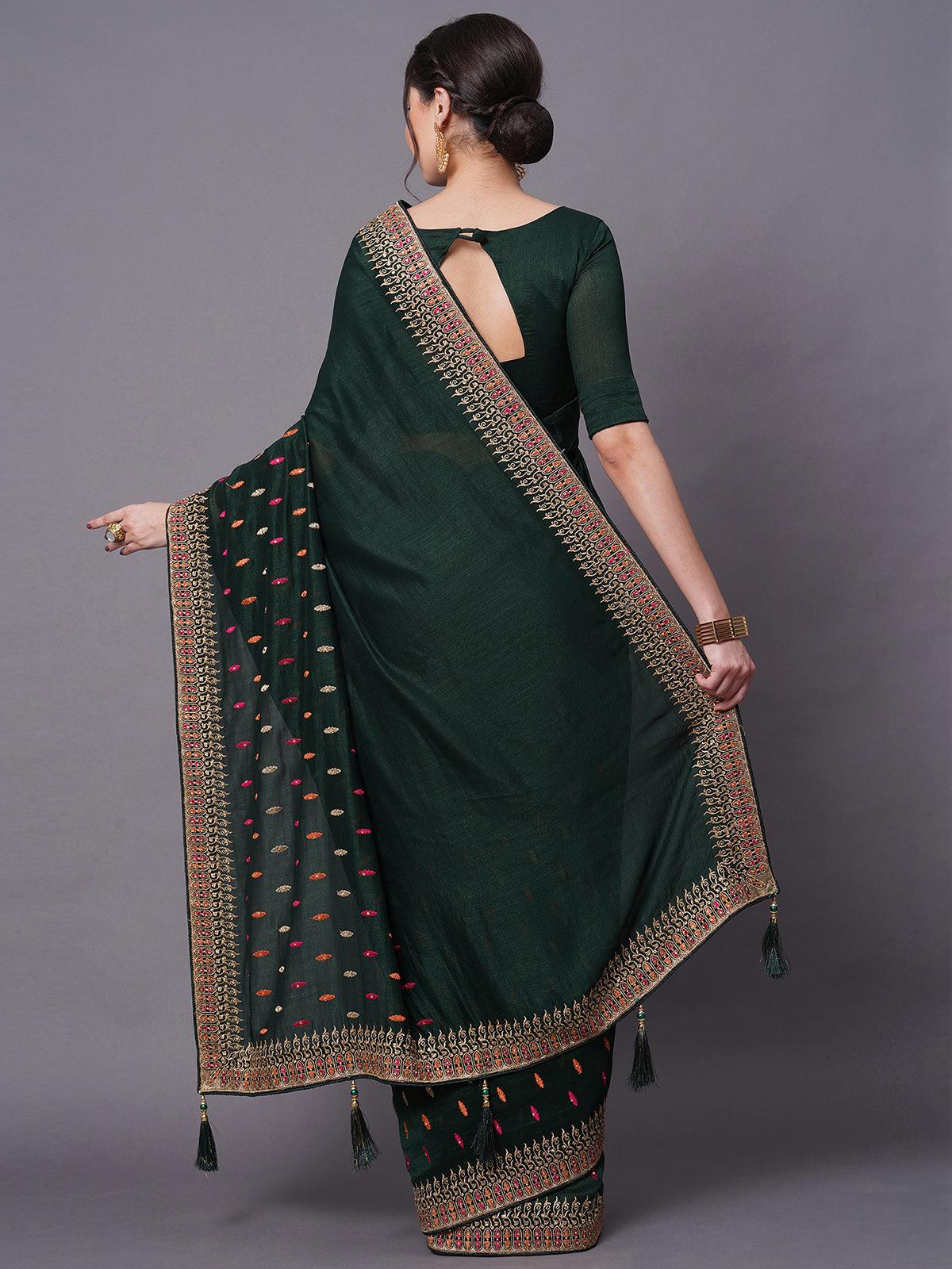 Women's Green Party Wear Vichitra Embelished Saree With Unstitched Blouse - Odette