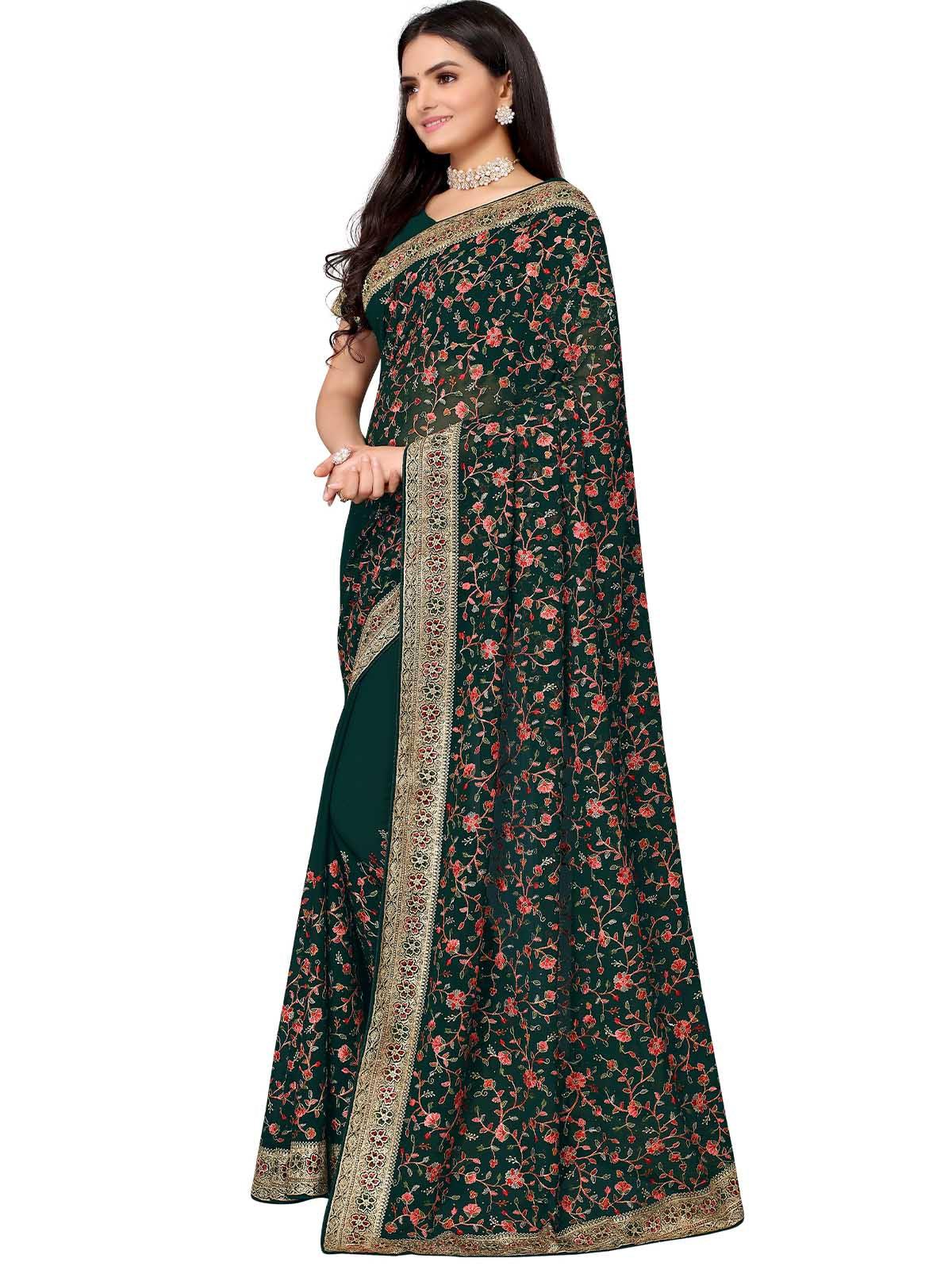 Women's Green Poly Georgette Embroidered Saree With Blouse - Odette