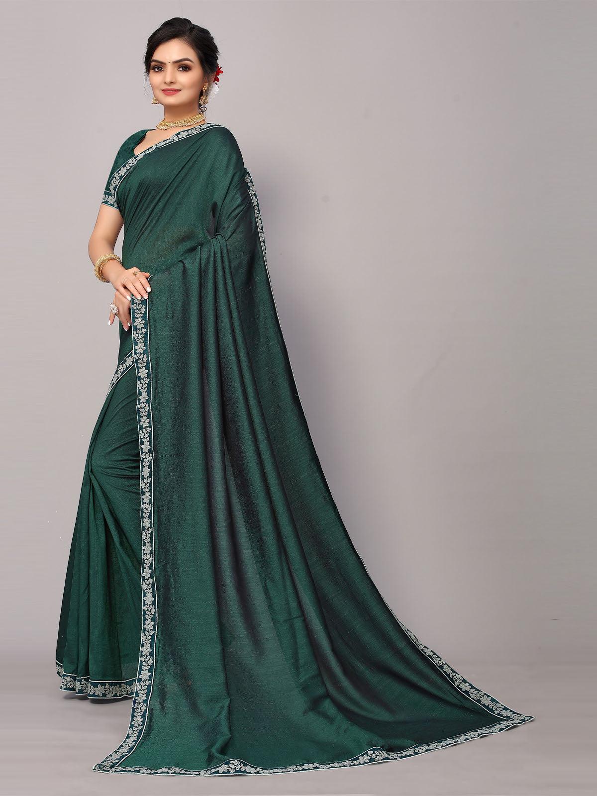 Women's Green Poly Silk Embroidery Border Work Saree With Blouse - Odette