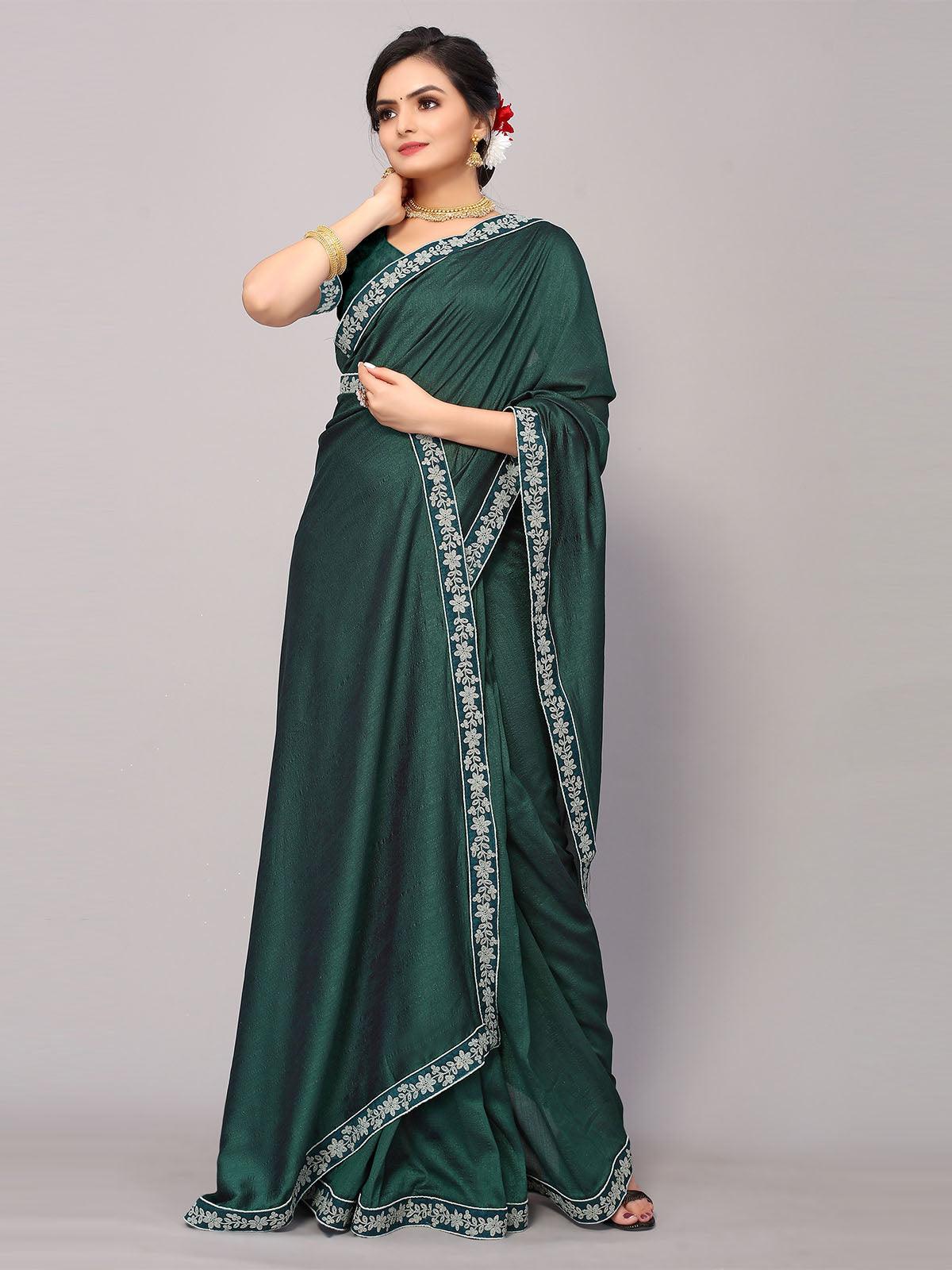 Women's Green Poly Silk Embroidery Border Work Saree With Blouse - Odette