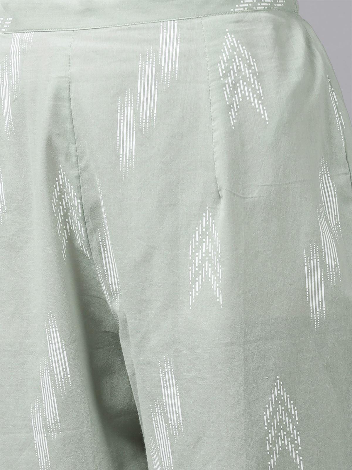 Women's Green Printed A-Line Kurta Trouser With Dupatta Set - Odette
