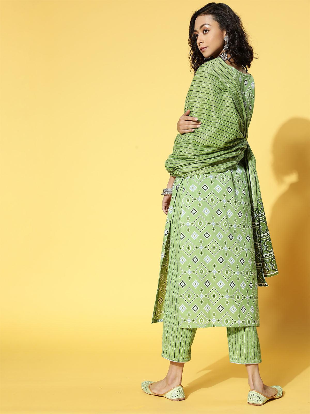 Women's Green Printed Straight Kurta Trouser With Dupatta Set - Odette