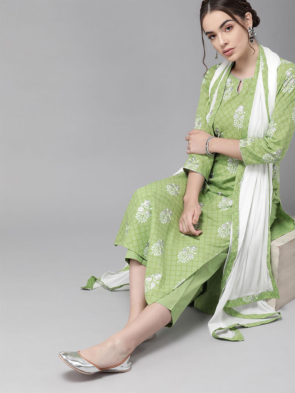 Women's Green Printed Straight Kurta Trouser With Dupatta Set - Odette