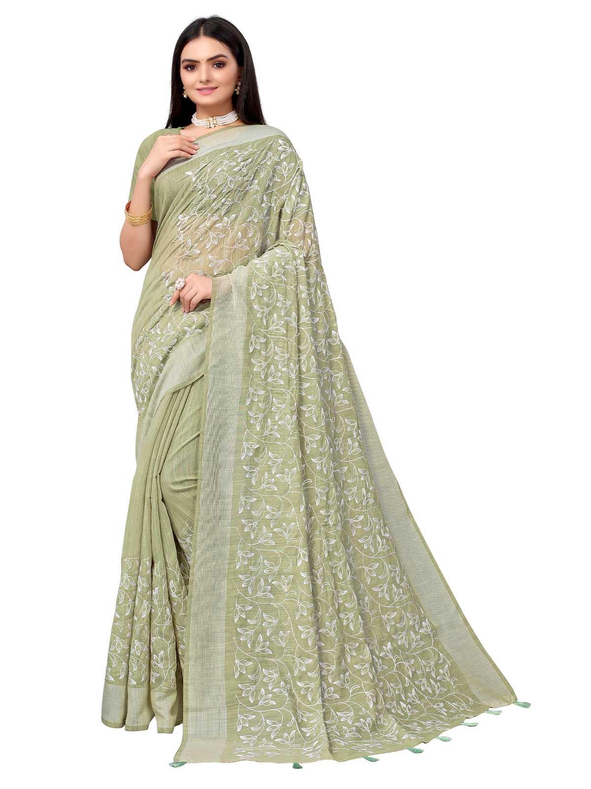 Women's Green Pure Cotton Embroidered Saree With Blouse - Odette