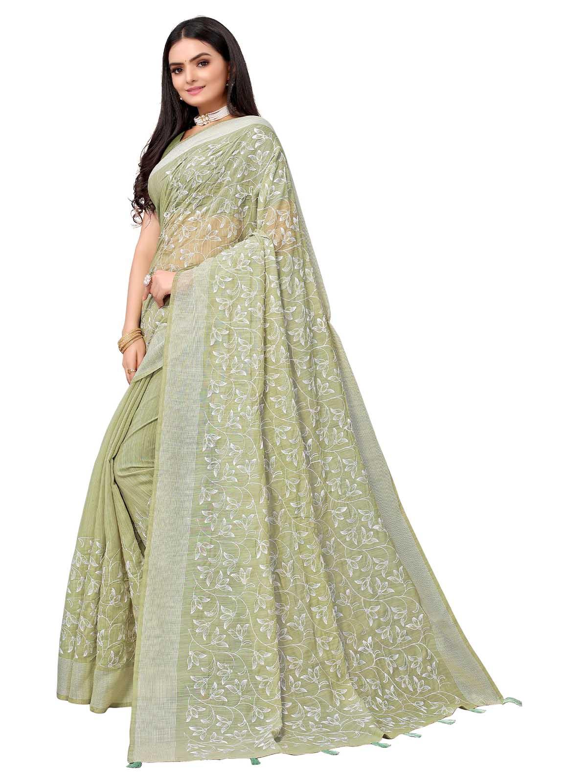 Women's Green Pure Cotton Embroidered Saree With Blouse - Odette