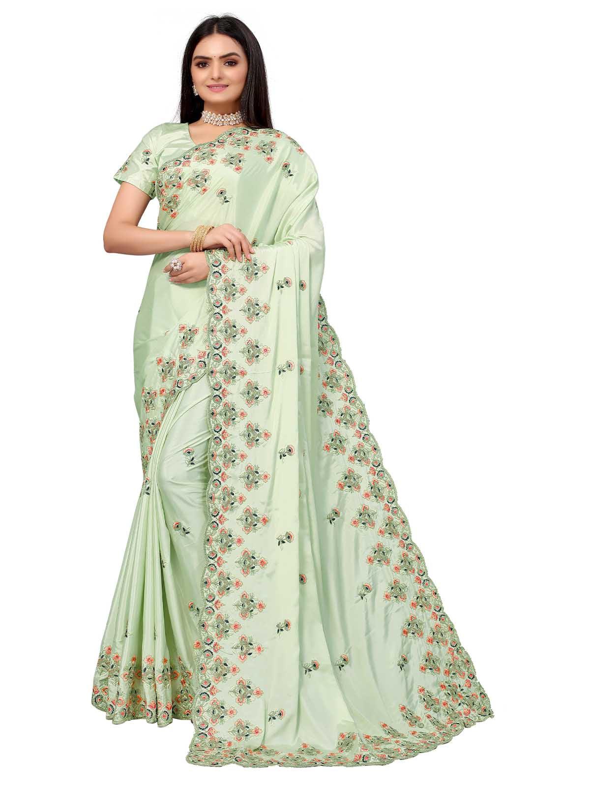 Women's Green Pure Silk Embroidered Saree With Blouse - Odette