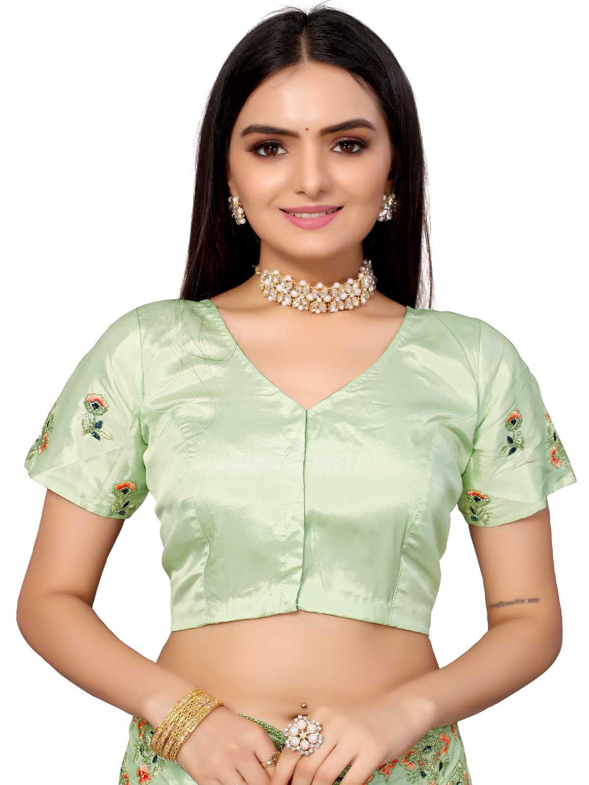 Women's Green Pure Silk Embroidered Saree With Blouse - Odette