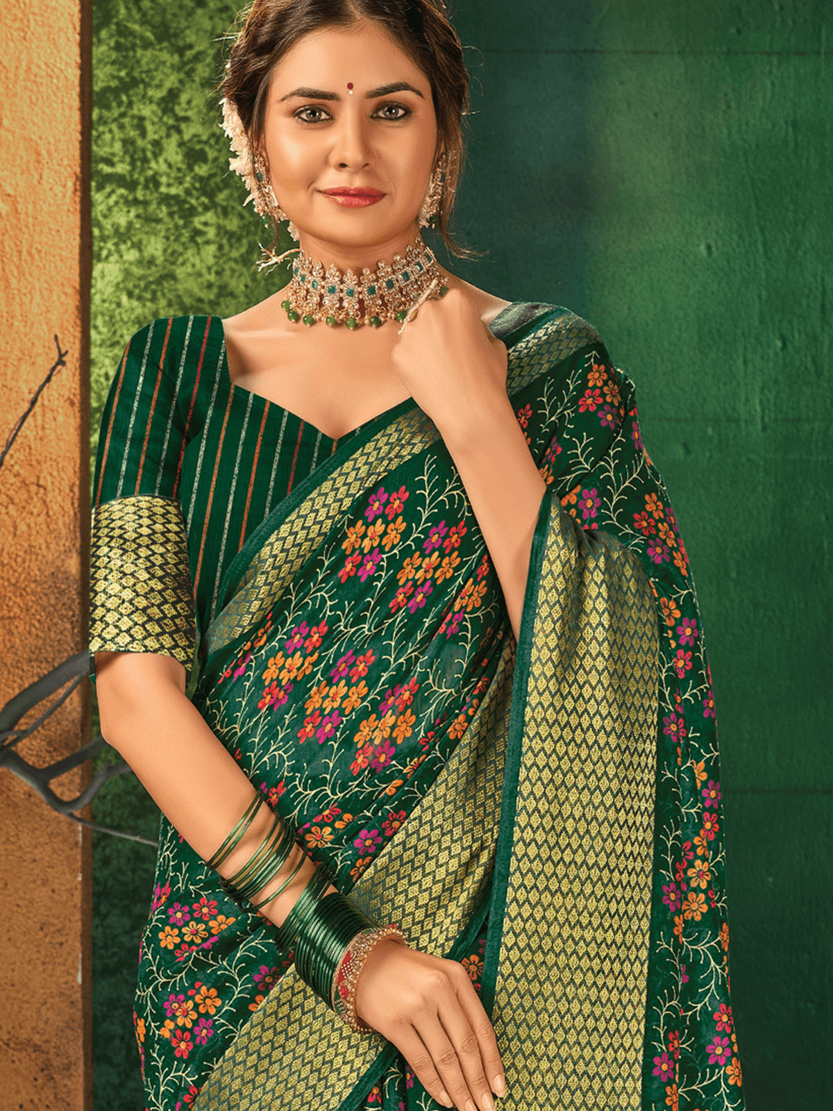 Women's Green Silk Blend Designer Printed Saree - Odette