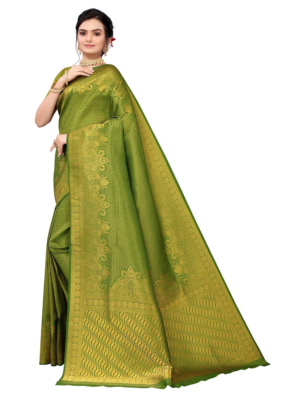 Women's Green Silk Blend Woven Saree With Blouse - Odette