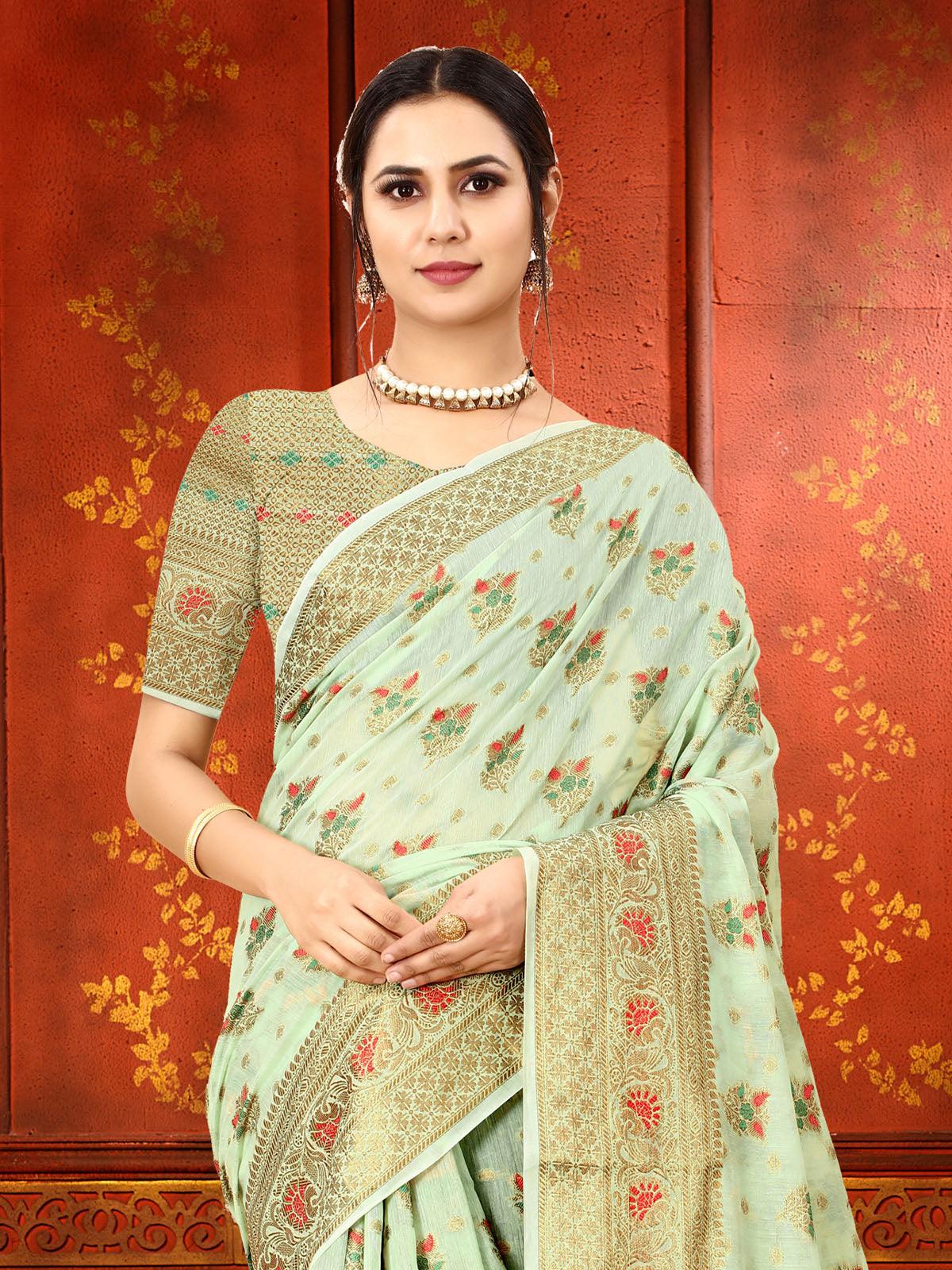 Women's Green Soft Cotton Silk Heavy Copper Jari Meenakari Weave Designer Saree - Odette