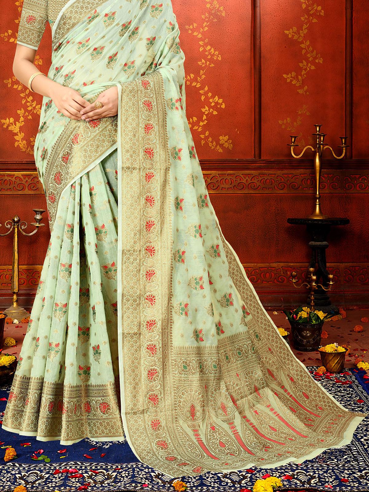 Women's Green Soft Cotton Silk Heavy Copper Jari Meenakari Weave Designer Saree - Odette