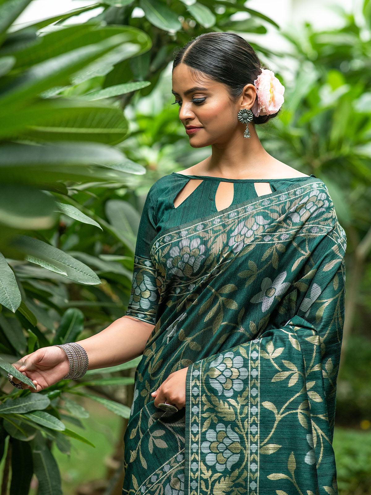 Women's Green Tussar Silk Heavy Jamdani Saree - Odette