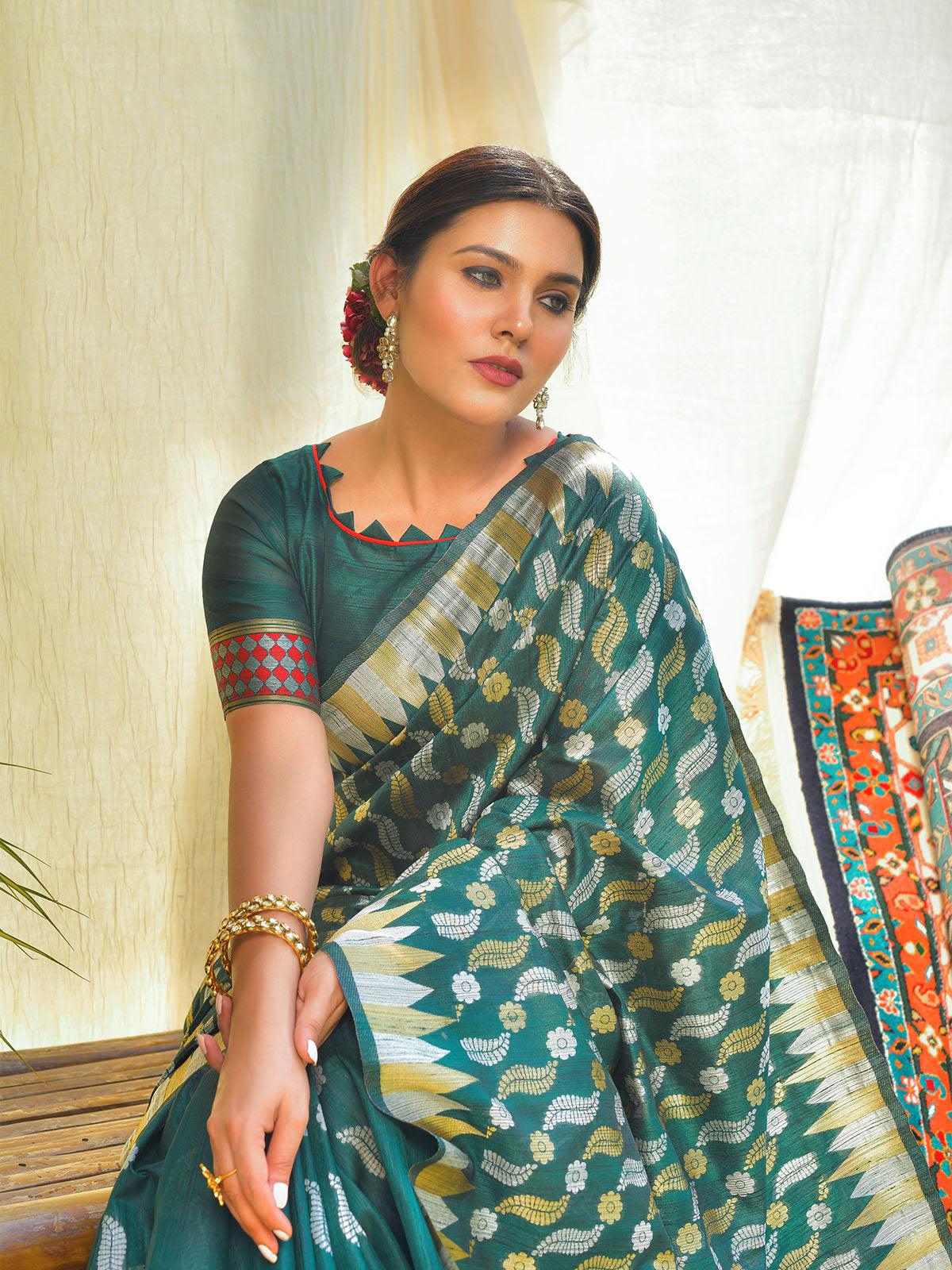 Women's Green Tussar Silk Heavy Jamdani Saree - Odette