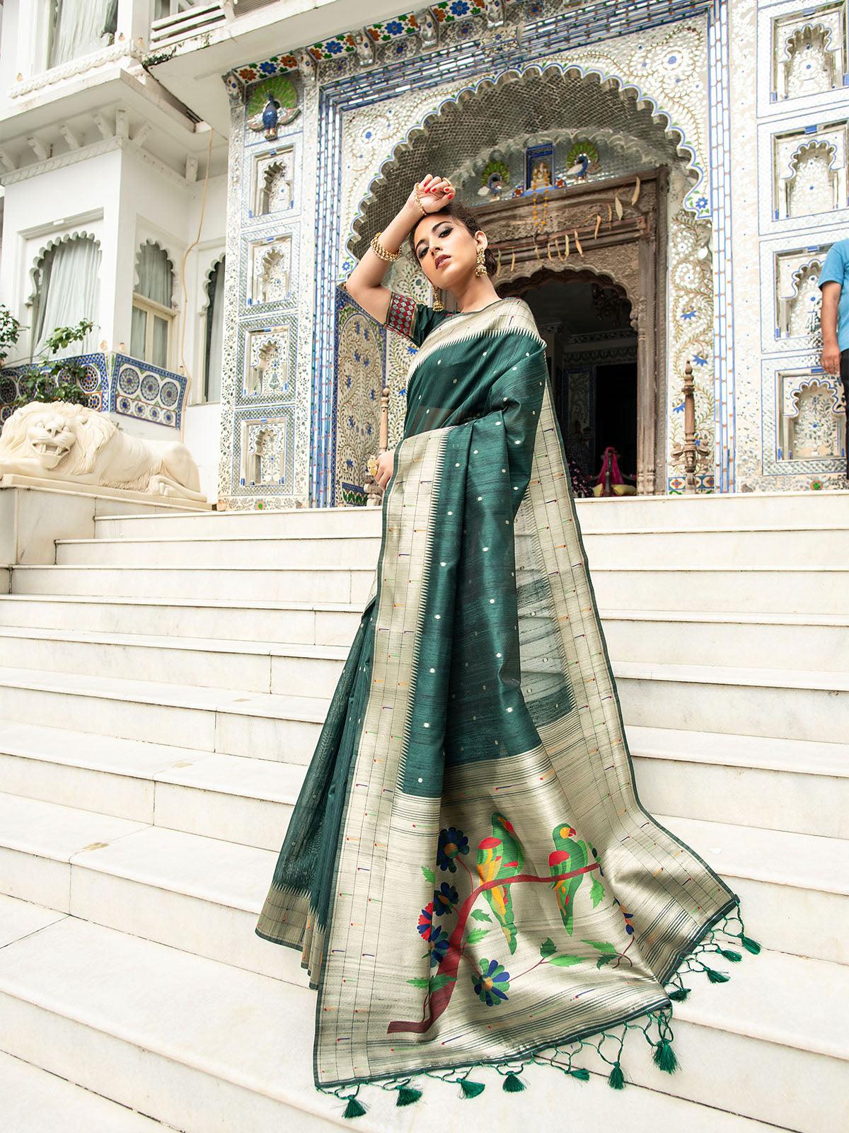Women's Green Tussar Silk Paithani Saree - Odette