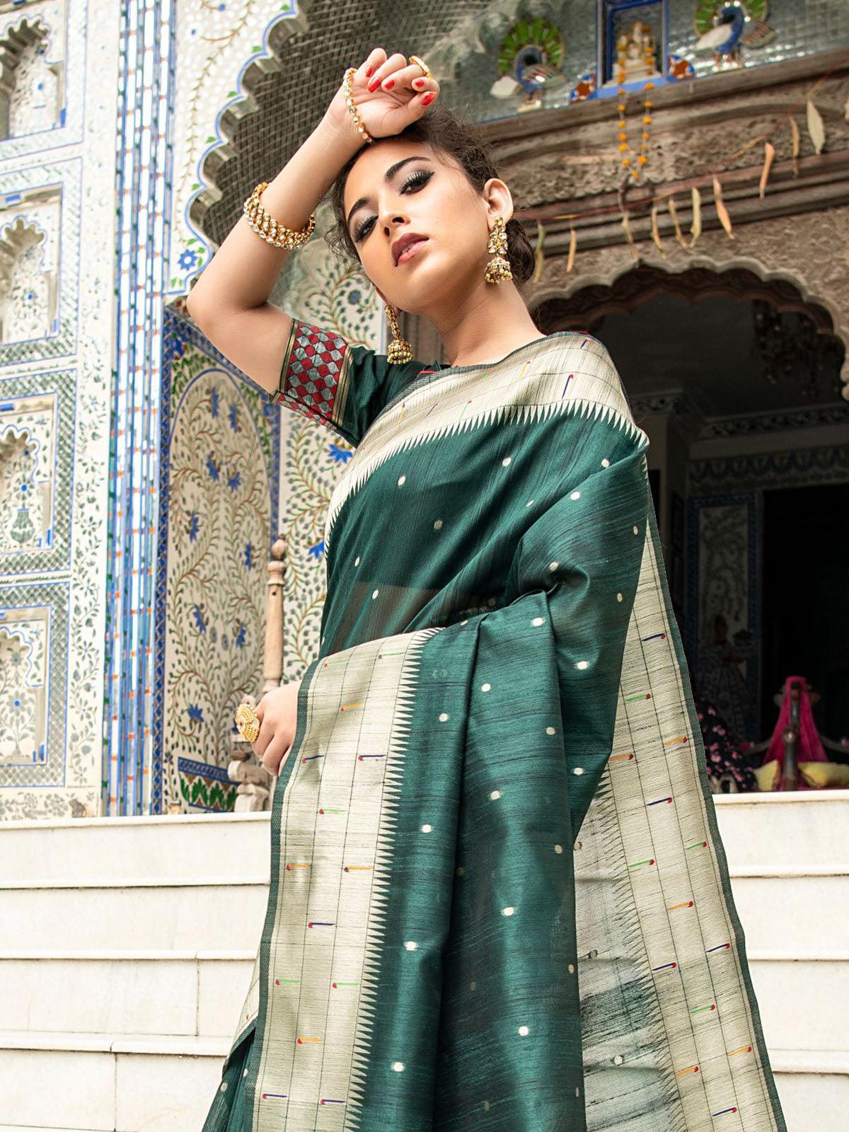 Women's Green Tussar Silk Paithani Saree - Odette