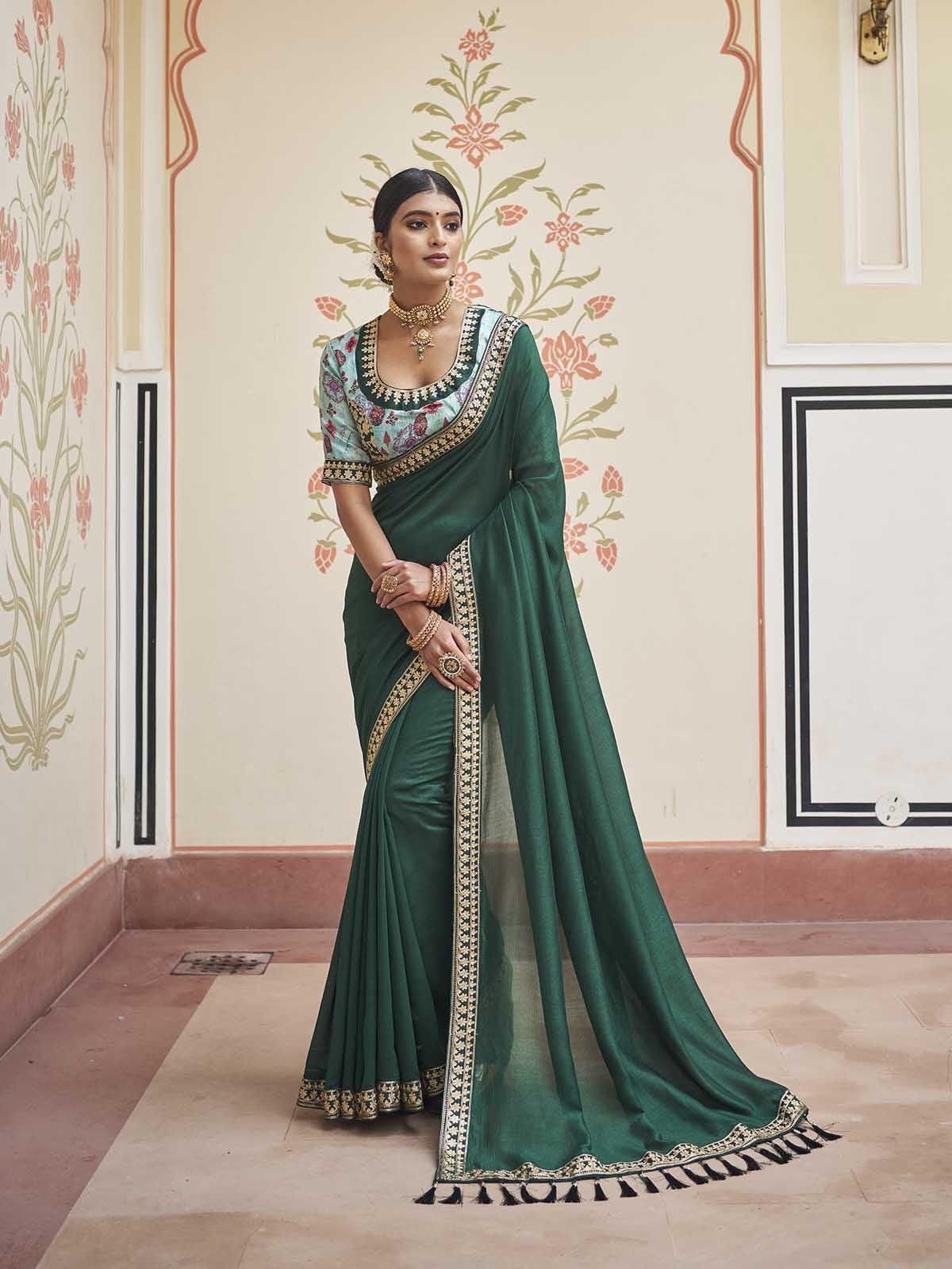 Women's Green Two Tone Vichitra Silk Embroidered Saree With Blouse - Odette