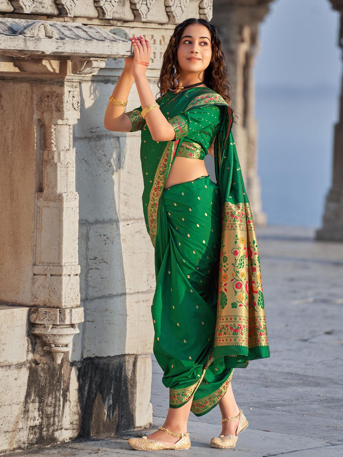 Women's Green Unique Banarasi Silk Paithani Saree - Odette