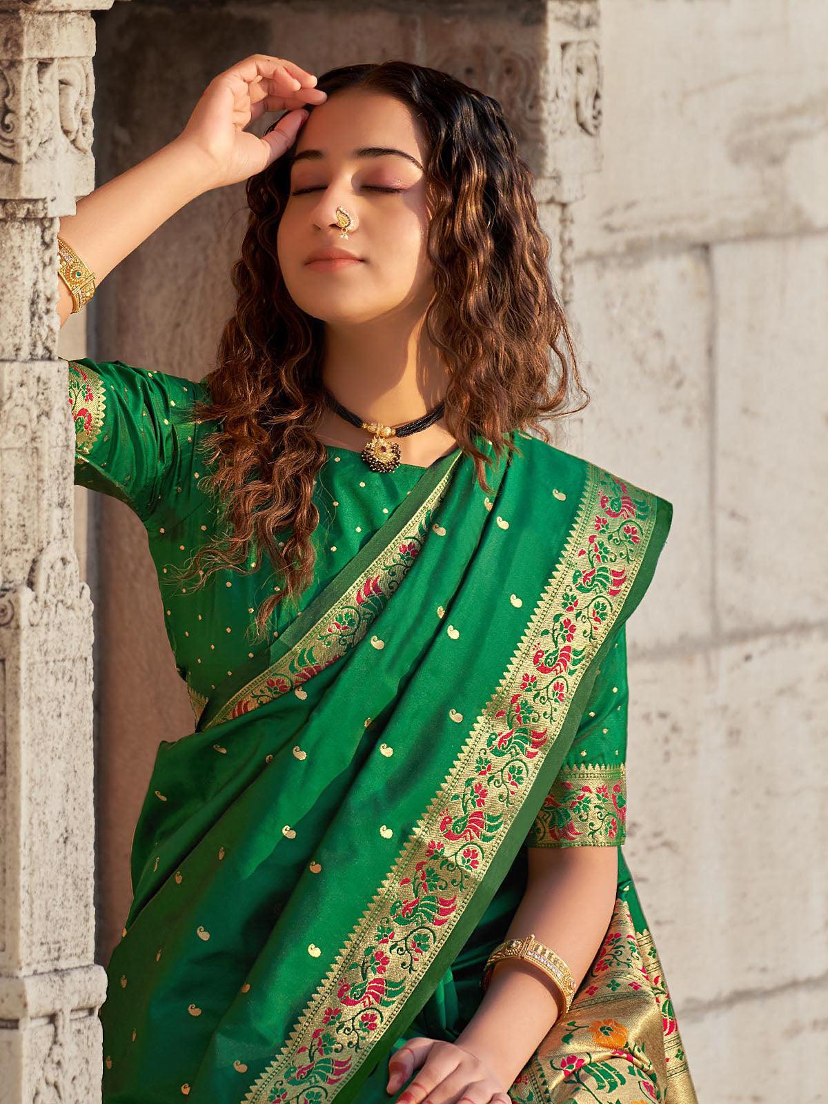 Women's Green Unique Banarasi Silk Paithani Saree - Odette
