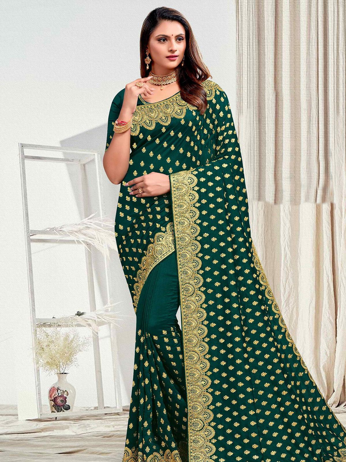 Women's Green Vichitra Silk Designer Embroidered Saree - Odette