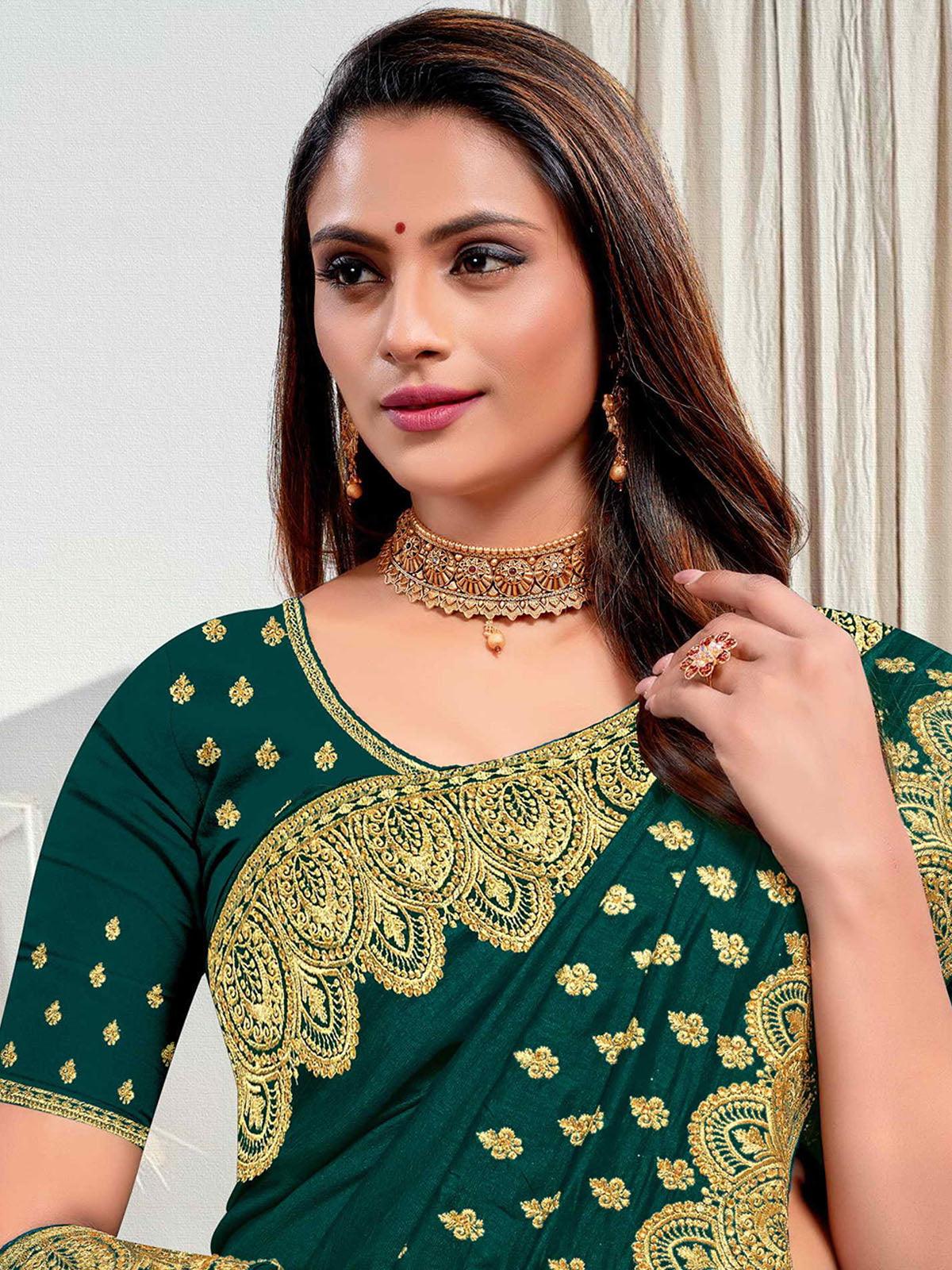 Women's Green Vichitra Silk Designer Embroidered Saree - Odette