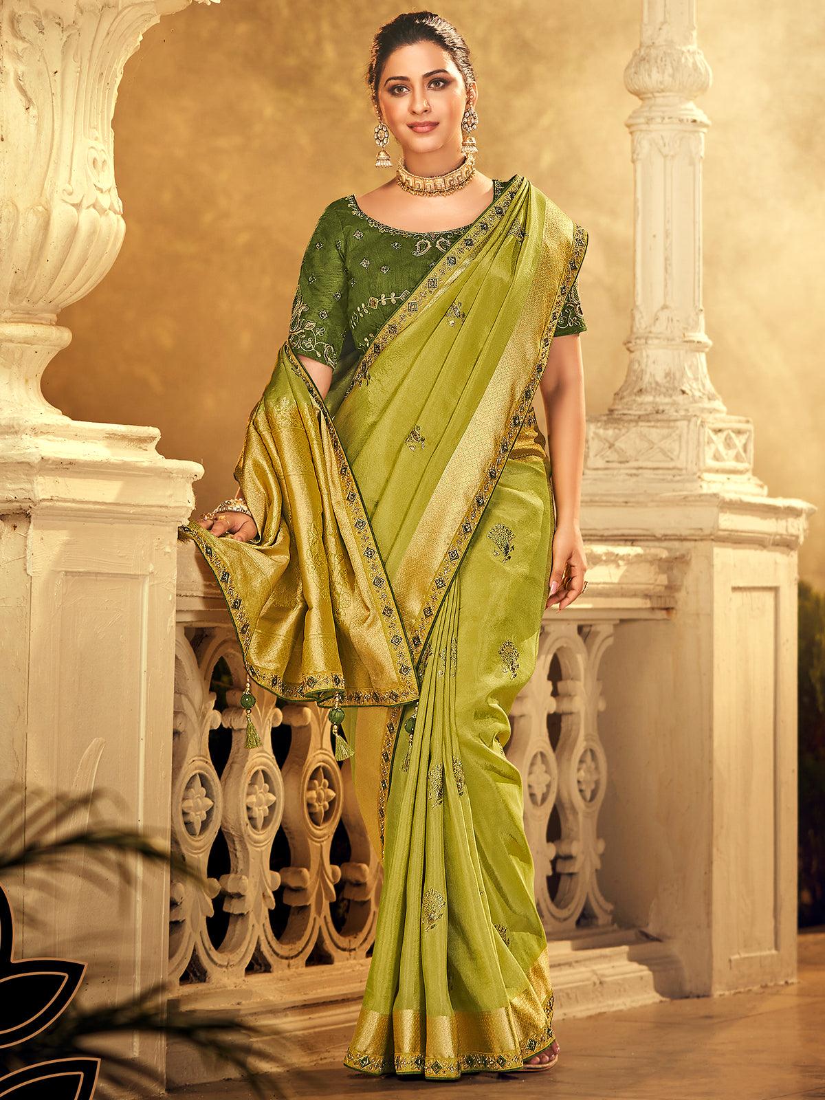 Women's Green Viscose Paisley Designer Saree With Blouse - Odette