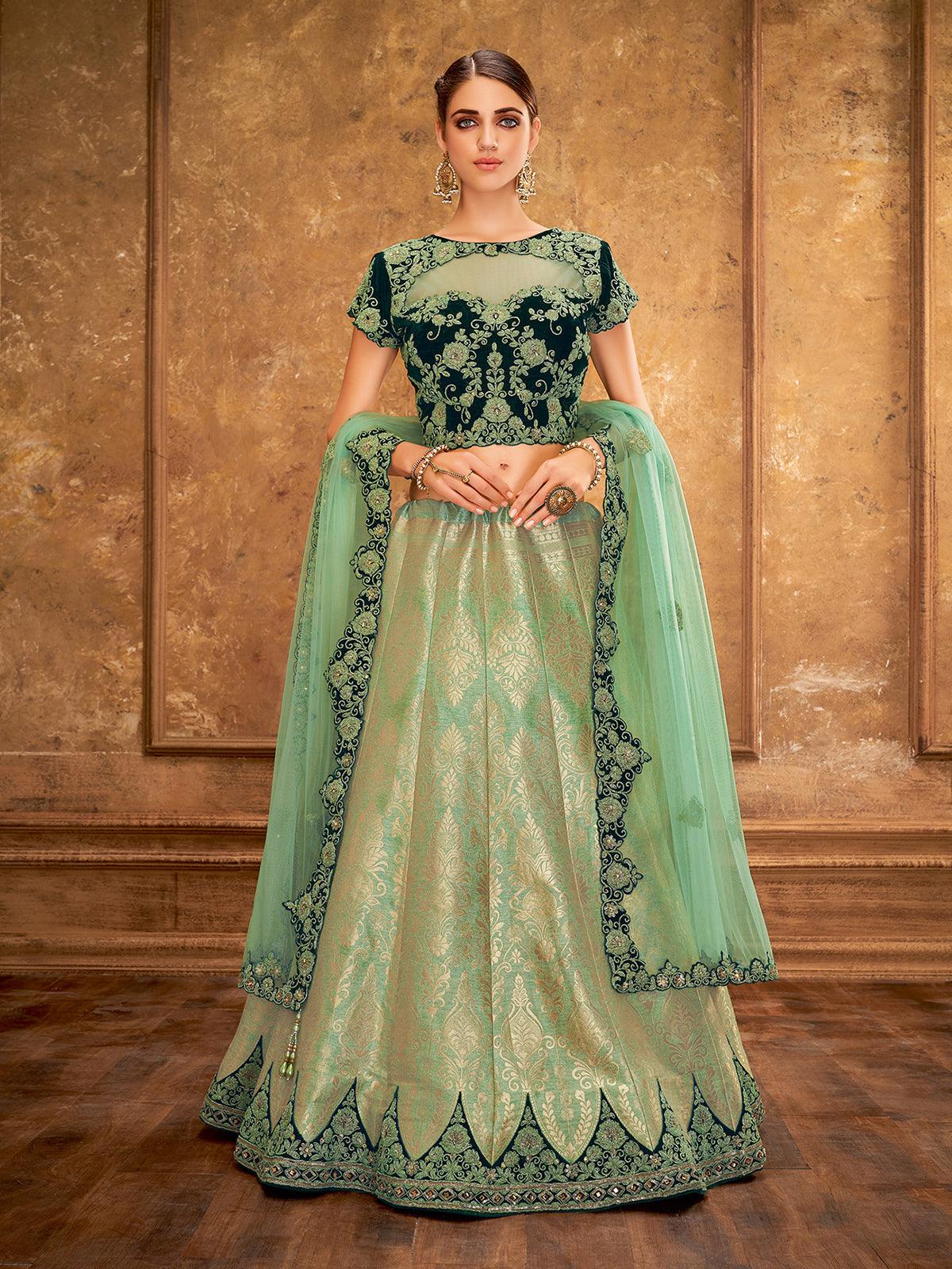 Women's Green Weaved Silk Designer Lehenga Choli - Odette