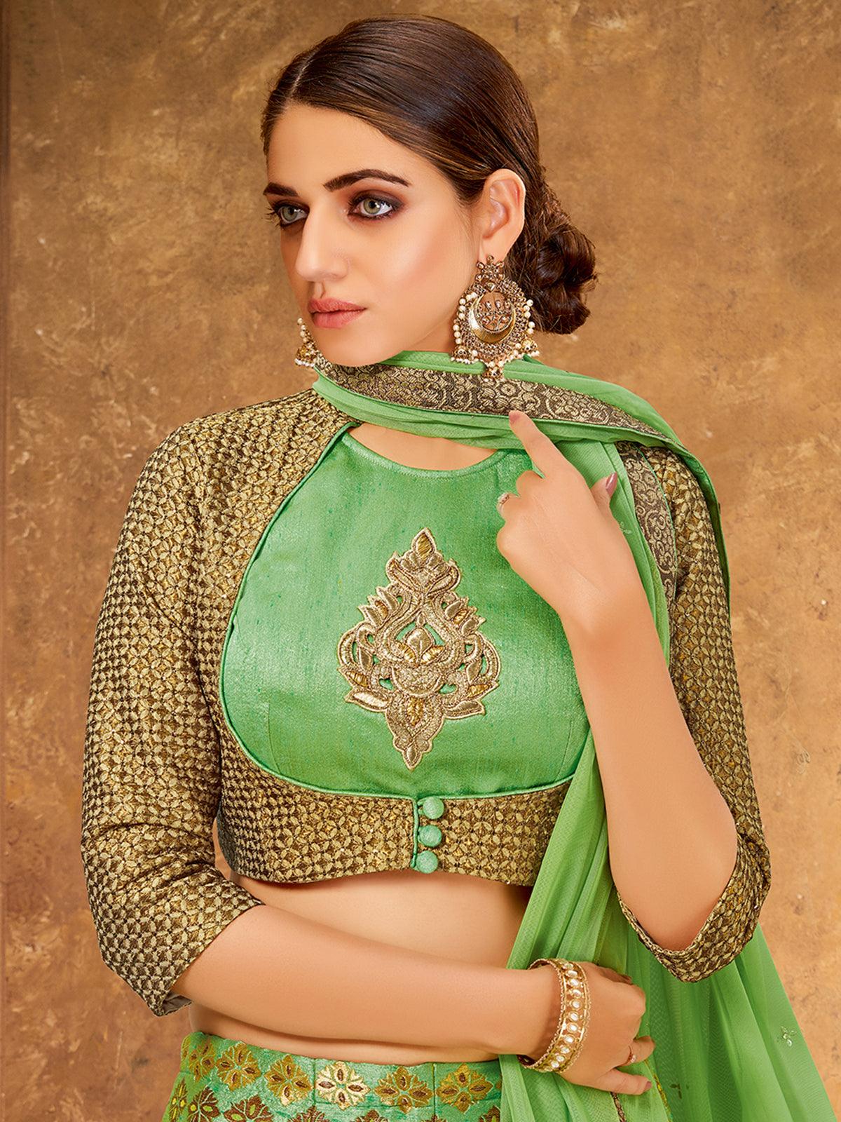 Women's Green Weaved Silk Designer Lehenga Choli - Odette