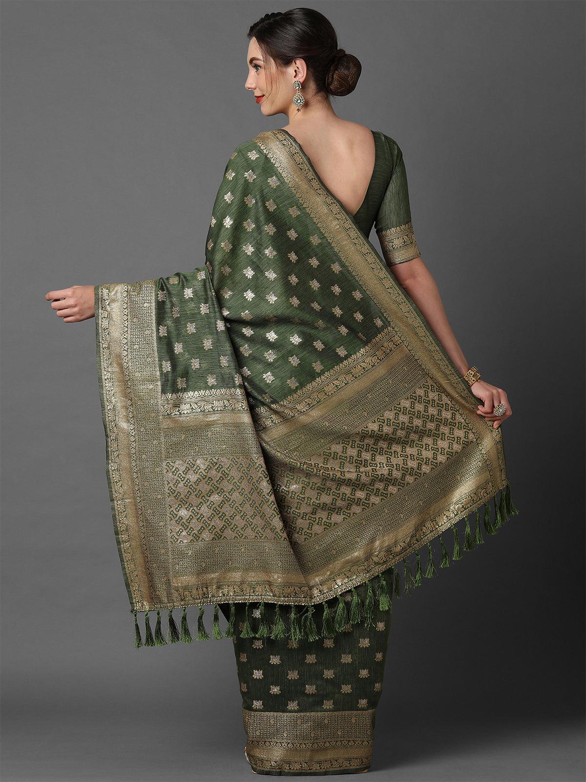Women's Green Wedding Silk Blend Woven Design Saree With Unstitched Blouse - Odette
